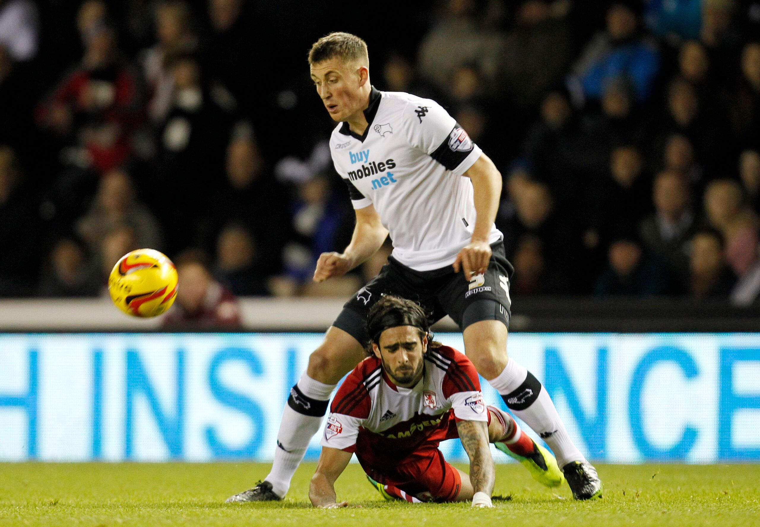 Football - Derby County v Middlesbrough - Sky Bet Football League Championship - Pride Park - 4/12/13 
Middlesbrough's Rhys Williams (R) in action with Derby's Craig Forysth 
Mandatory Credit: Action Images / Jed Leicester 
Livepic 
EDITORIAL USE ONLY. No use with unauthorized audio, video, data, fixture lists, club/league logos or live services. Online in-match use limited to 45 images, no video emulation. No use in betting, games or single club/league/player publications.  Please contact your 