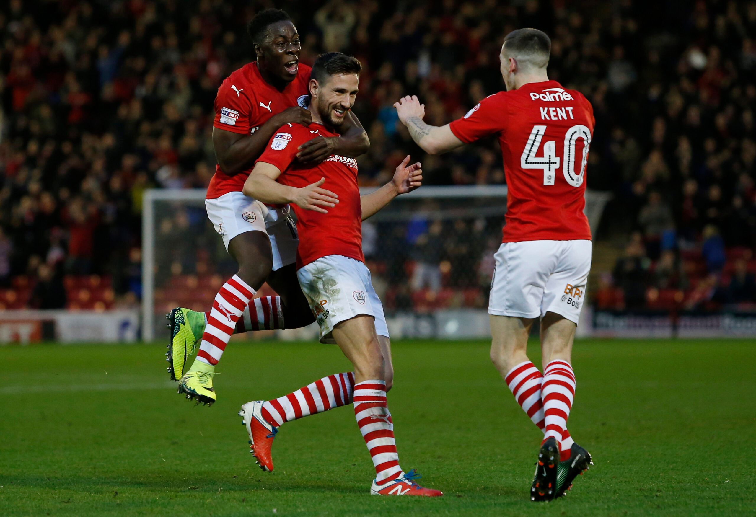 Football Soccer Britain - Barnsley v Norwich City - Sky Bet Championship - Oakwell - 10/12/16 Conor Hourihane (C) celebrates with Andy Yiadom (L) and Ryan Kent after scoring the second goal for Barnsley Mandatory Credit: Action Images / Ed Sykes Livepic EDITORIAL USE ONLY. No use with unauthorized audio, video, data, fixture lists, club/league logos or 