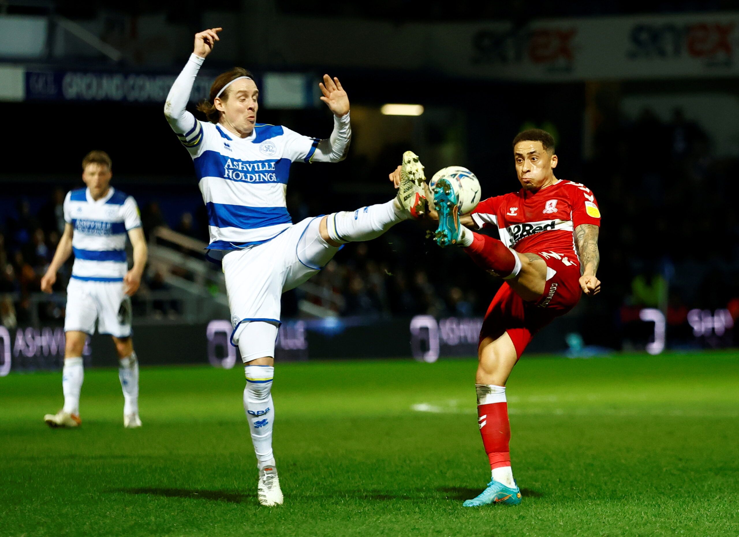 Soccer Football - Championship - Queens Park Rangers v Middlesbrough - Loftus Road, London, Britain - February 9, 2022  Queens Park Rangers' Stefan Johansen in action with Middlesbrough's Matt Crooks   Action Images/Andrew Boyers  EDITORIAL USE ONLY. No use with unauthorized audio, video, data, fixture lists, club/league logos or 