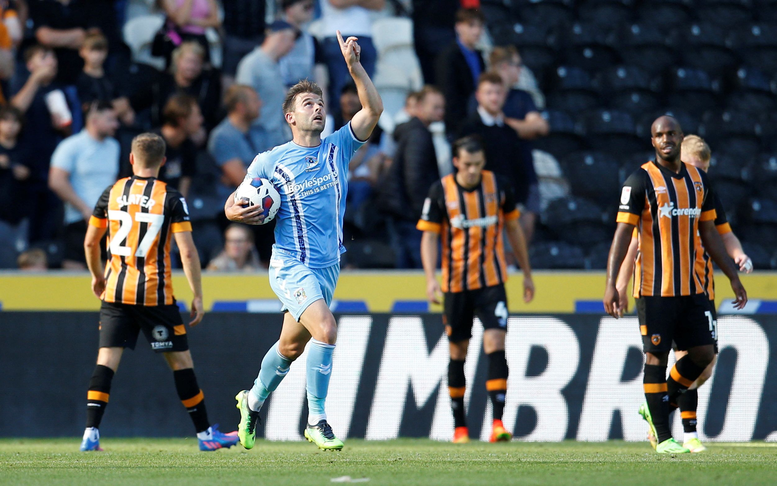 Soccer Football - Championship - Hull City v Coventry City - MKM Stadium, Hull, Britain - August 27, 2022 Coventry City's Matty Godden celebrates scoring their second goal Action Images/Ed Sykes EDITORIAL USE ONLY. No use with unauthorized audio, video, data, fixture lists, club/league logos or 