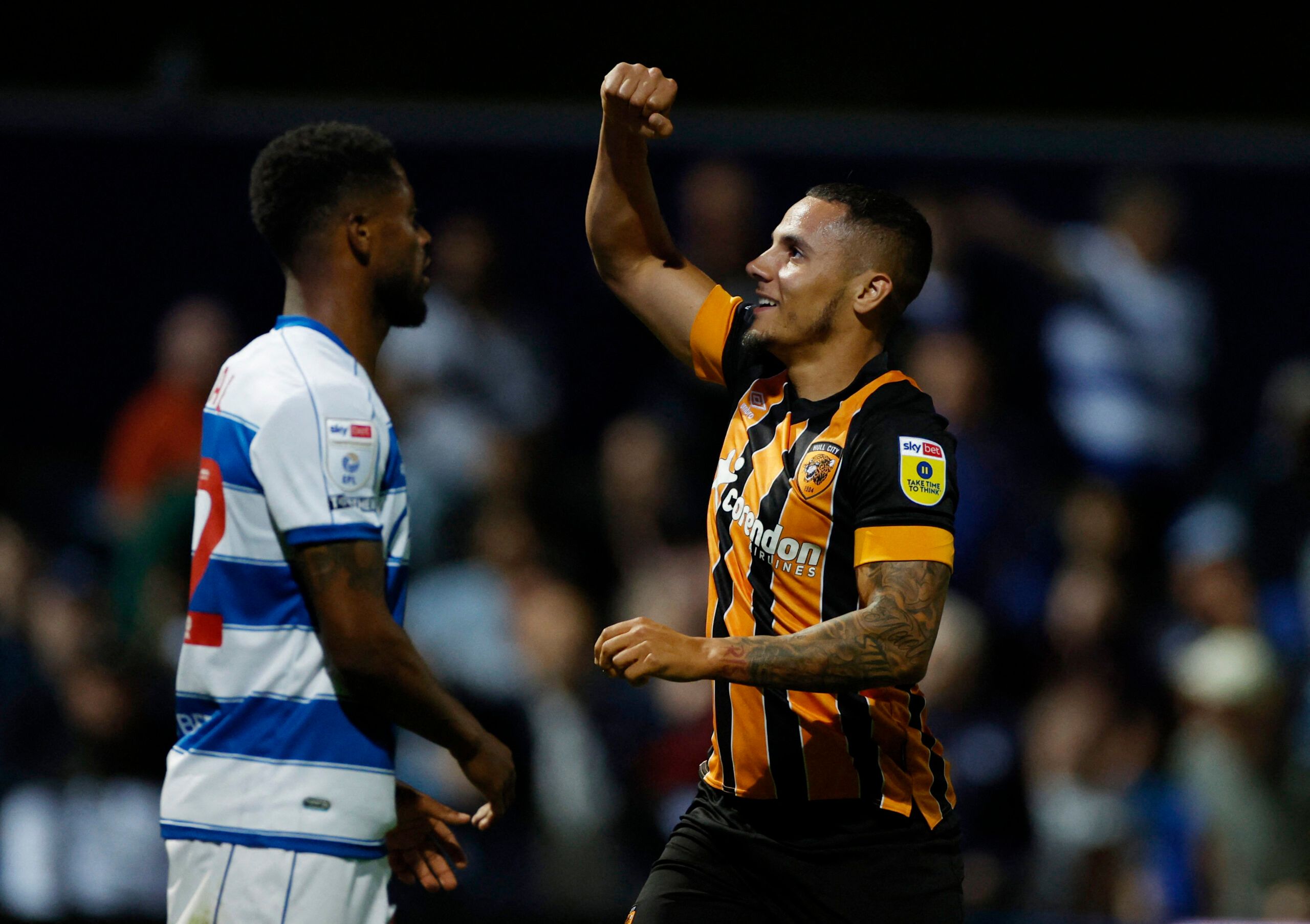 Soccer Football - Championship - Queens Park Rangers v Hull City - Loftus Road, London, Britain - August 30, 2022  Hull City's Tyler Smith celebrates scoring their first goal Action Images/John Sibley EDITORIAL USE ONLY. No use with unauthorized audio, video, data, fixture lists, club/league logos or 'live' services. Online in-match use limited to 75 images, no video emulation. No use in betting, games or single club /league/player publications.  Please contact your account representative for fu