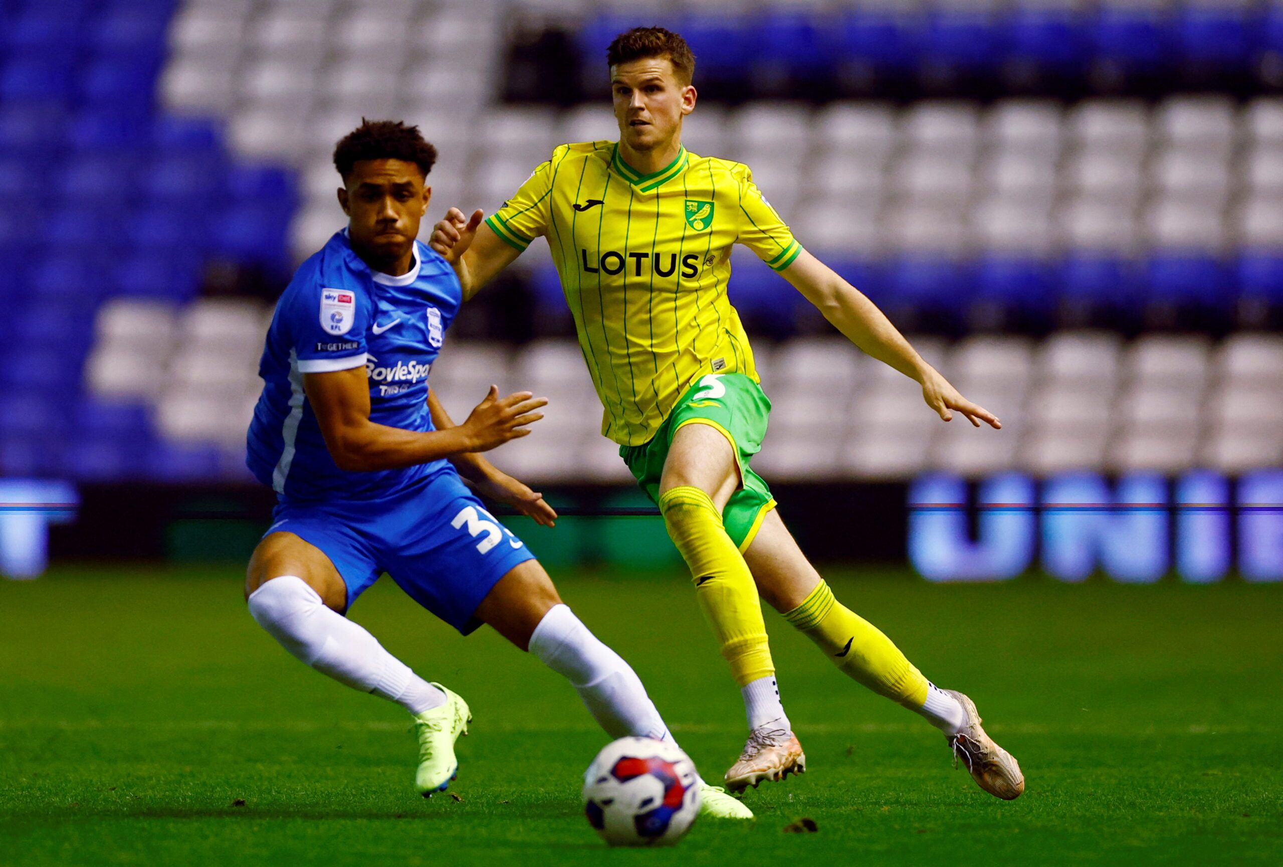 Soccer Football - Championship - Birmingham City v Norwich City - St Andrew's, Birmingham, Britain - August 30, 2022 Norwich City's Samuel Byram in action with Birmingham City's George Hall  Action Images/Andrew Boyers  EDITORIAL USE ONLY. No use with unauthorized audio, video, data, fixture lists, club/league logos or 
