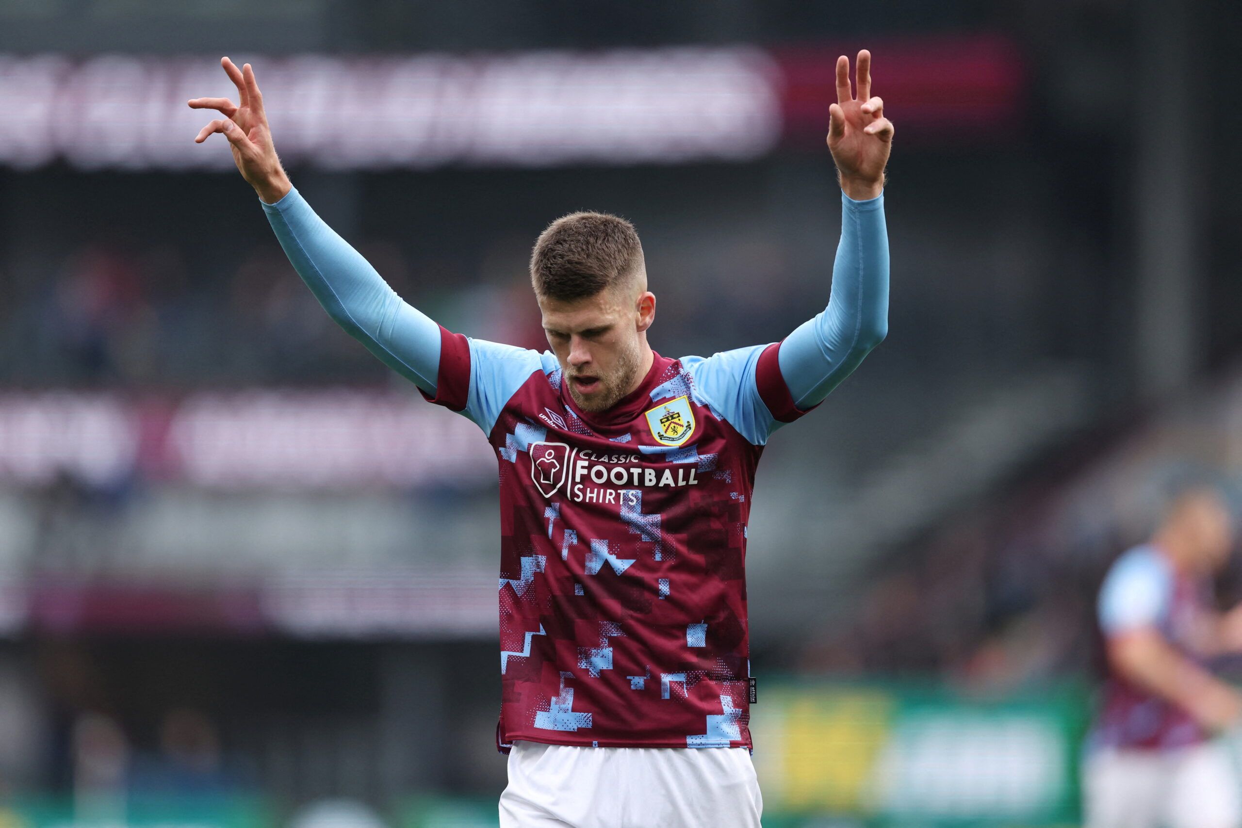 Soccer Football - Championship - Burnley v Reading - Turf Moor, Burnley, Britain - October 29, 2022  Burnley's Johann Gudmundsson lifts his arms  Action Images/John Clifton   EDITORIAL USE ONLY. No use with unauthorized audio, video, data, fixture lists, club/league logos or 