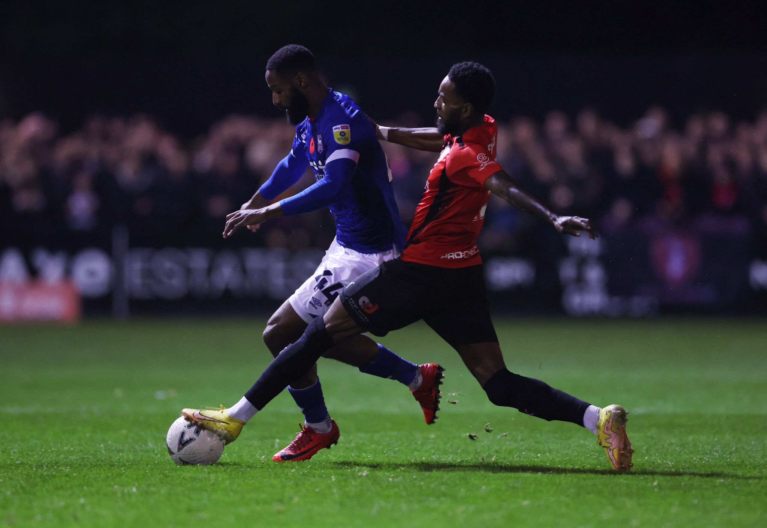 Soccer Football - FA Cup First Round - Bracknell Town v Ipswich Town, The SB Stadium, Sandhurst, Britain - November 7, 2022 Bracknell Town's Kamaron English in action with Ipswich Town's Janoi Donacien Action Images/Matthew Childs