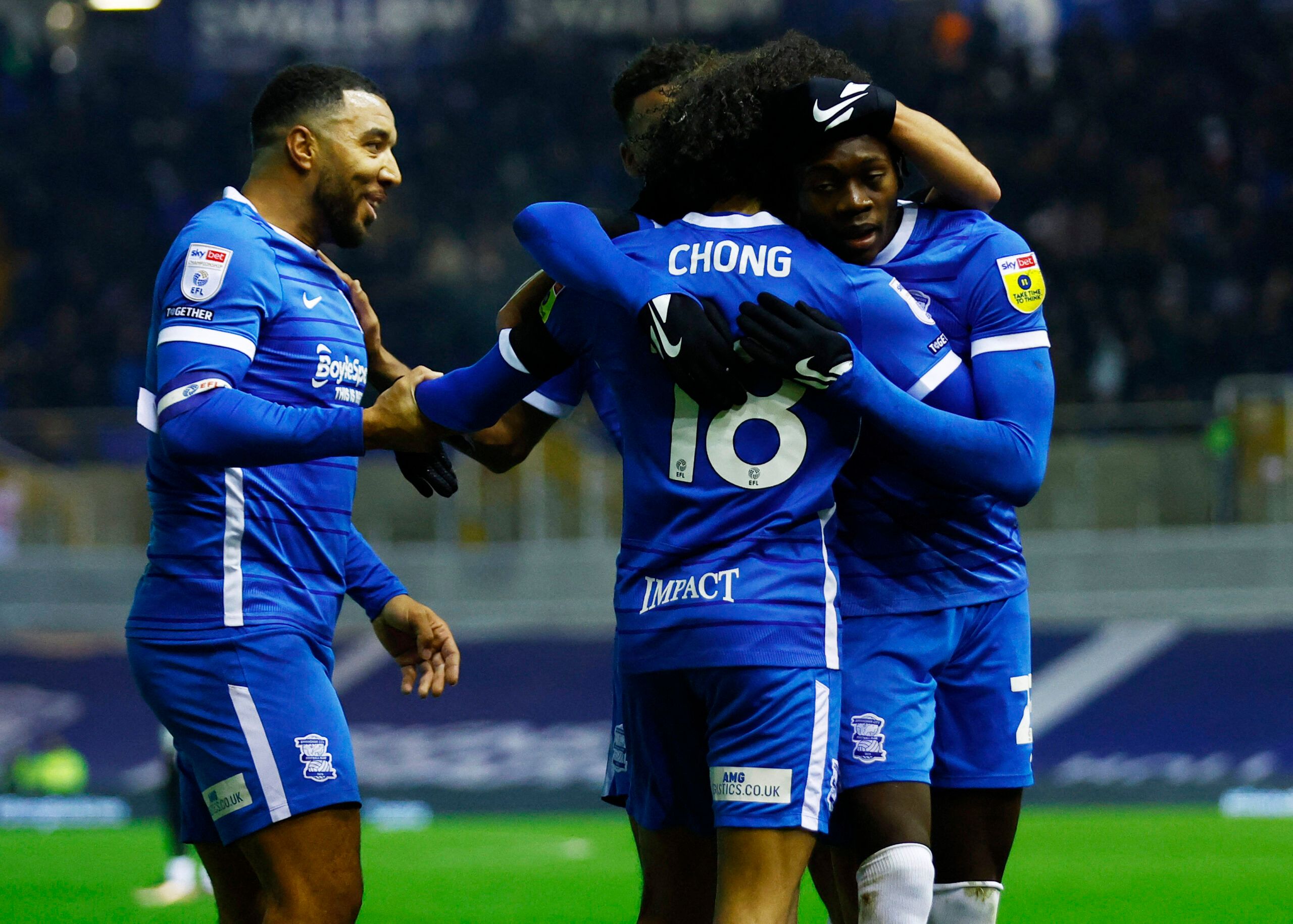 Soccer Football - Championship - Birmingham City v Reading - St Andrews, Birmingham, Britain - December 16, 2022 Birmingham City's Tahith Chong celebrates scoring their third goal with teammates Action Images/Andrew Boyers EDITORIAL USE ONLY. No use with unauthorized audio, video, data, fixture lists, club/league logos or 'live' services. Online in-match use limited to 75 images, no video emulation. No use in betting, games or single club /league/player publications.  Please contact your account