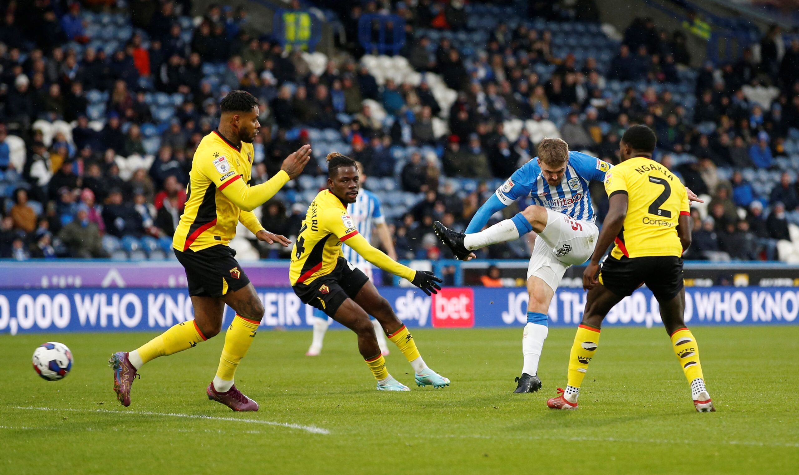 Soccer Football - Championship - Huddersfield Town v Watford - John Smith's Stadium, Huddersfield, Britain - December 17, 2022 Huddersfield Town's Danny Ward shoots at goal  Action Images/Ed Sykes  EDITORIAL USE ONLY. No use with unauthorized audio, video, data, fixture lists, club/league logos or 