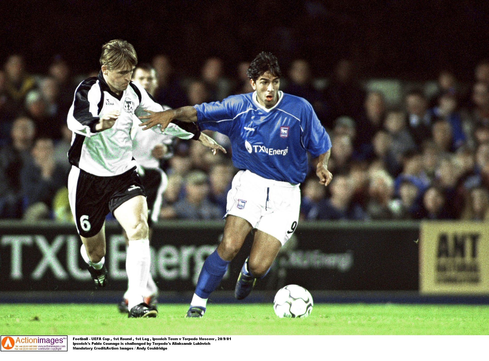 Football - UEFA Cup , 1st Round , 1st Leg , Ipswich Town v Torpedo Moscow , 20/9/01 
Ipswich's Pablo Counago is challenged by Torpedo's Aliaksandr Lukhvich 
Mandatory Credit:Action Images / Andy Couldridge