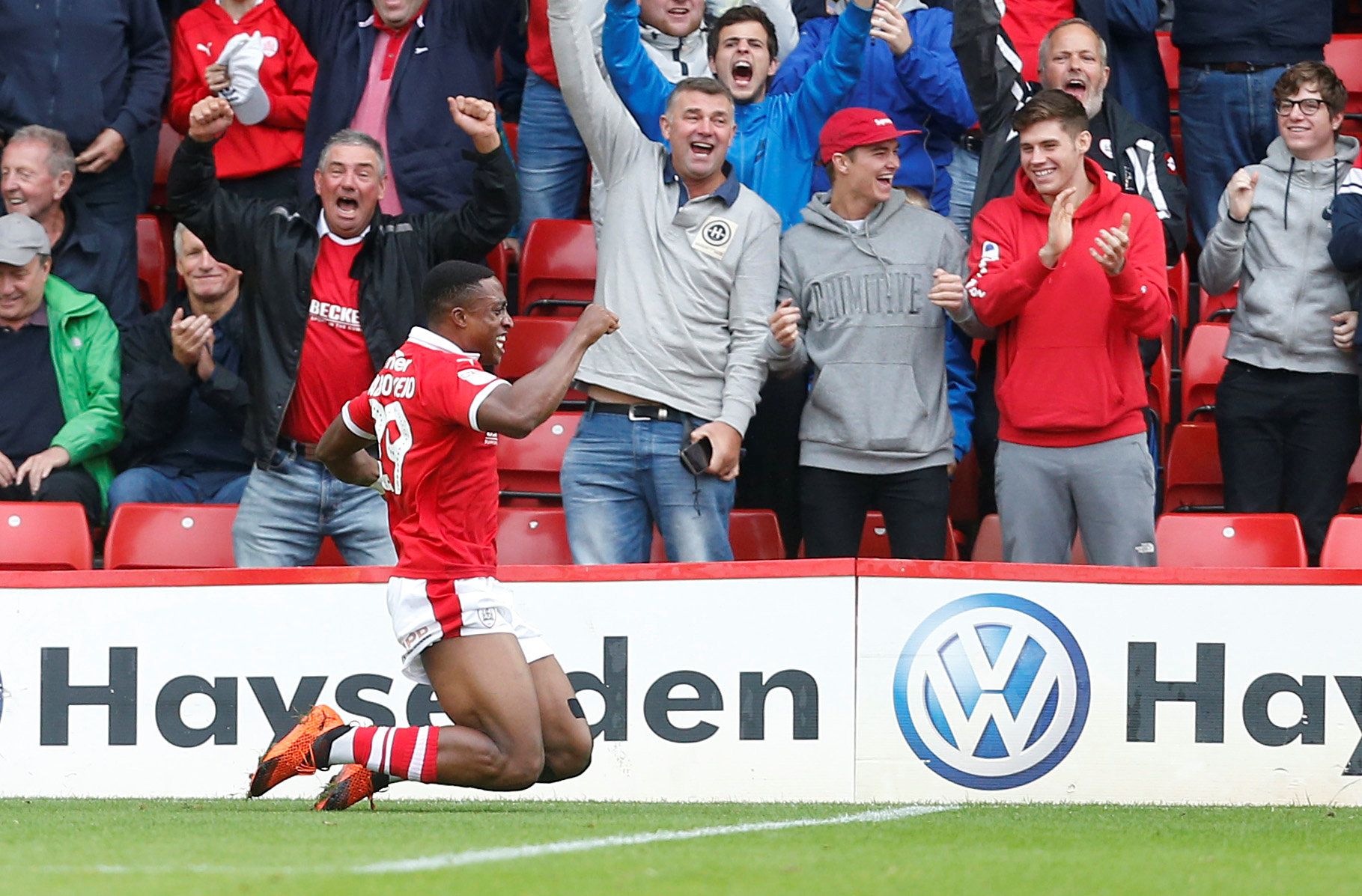 Soccer Football - League One - Barnsley v Walsall - Oakwell, Barnsley, Britain - September 8, 2018  Barnsley's Victor Adeboyejo celebrates scoring their first goal    Action Images/Ed Sykes  EDITORIAL USE ONLY. No use with unauthorized audio, video, data, fixture lists, club/league logos or 