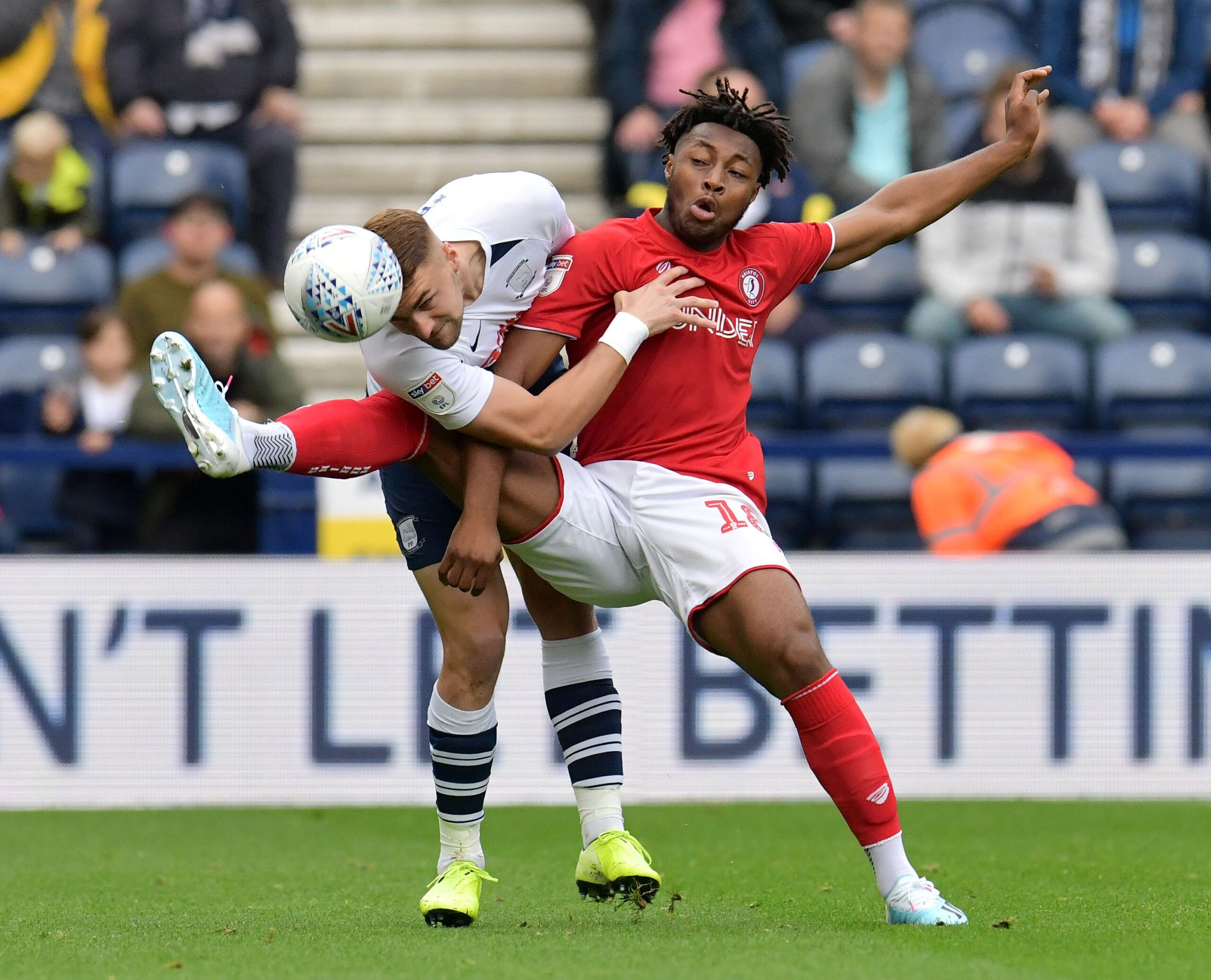 Soccer Football - Championship - Preston North End v Bristol City - Deepdale, Preston, Britain - September 28, 2019   Preston North End's Patrick Bauer in action with Bristol City's Antoine Semenyo   Action Images/Paul Burrows    EDITORIAL USE ONLY. No use with unauthorized audio, video, data, fixture lists, club/league logos or 