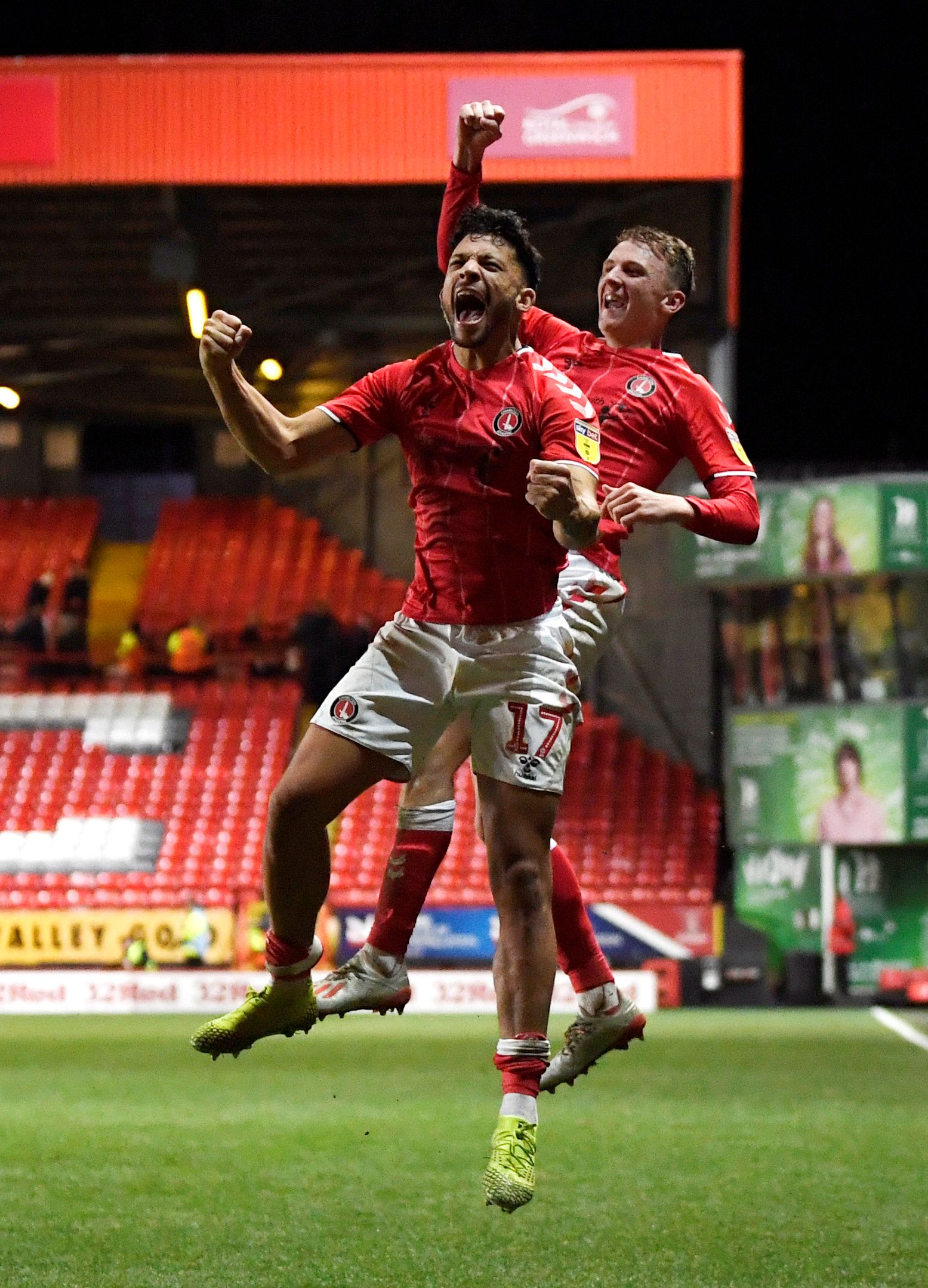 Soccer Football - Championship - Charlton Athletic v Bristol City - The Valley, London, Britain - December 26, 2019  Charlton's Macauley Bonne and Alfie Doughty celebrate after the match   Action Images/Tony O'Brien  EDITORIAL USE ONLY. No use with unauthorized audio, video, data, fixture lists, club/league logos or 