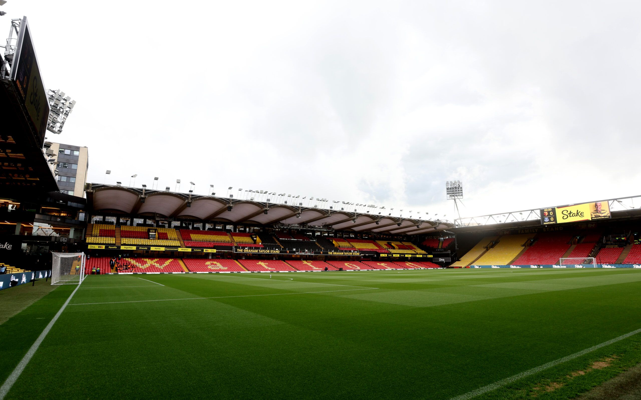 Soccer Football - Premier League - Watford v Everton - Vicarage Road, Watford, Britain - May 11, 2022 General view inside the stadium before the match Action Images via Reuters/Matthew Childs EDITORIAL USE ONLY. No use with unauthorized audio, video, data, fixture lists, club/league logos or 'live' services. Online in-match use limited to 75 images, no video emulation. No use in betting, games or single club /league/player publications.  Please contact your account representative for further det