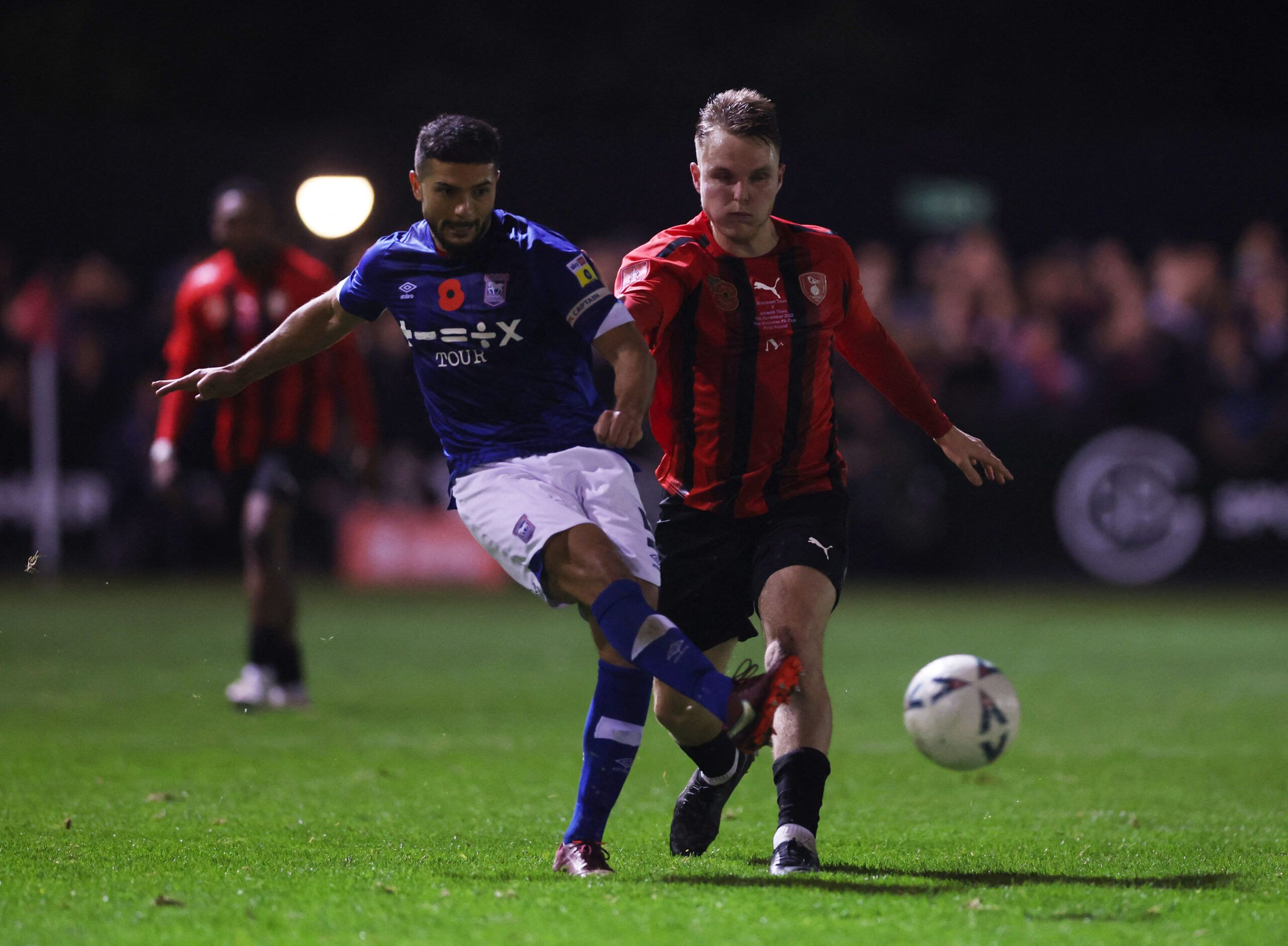 Soccer Football - FA Cup First Round - Bracknell Town v Ipswich Town, The SB Stadium, Sandhurst, Britain - November 7, 2022 Bracknell Town's George Knight in action with Ipswich Town's Samy Morsy Action Images/Matthew Childs