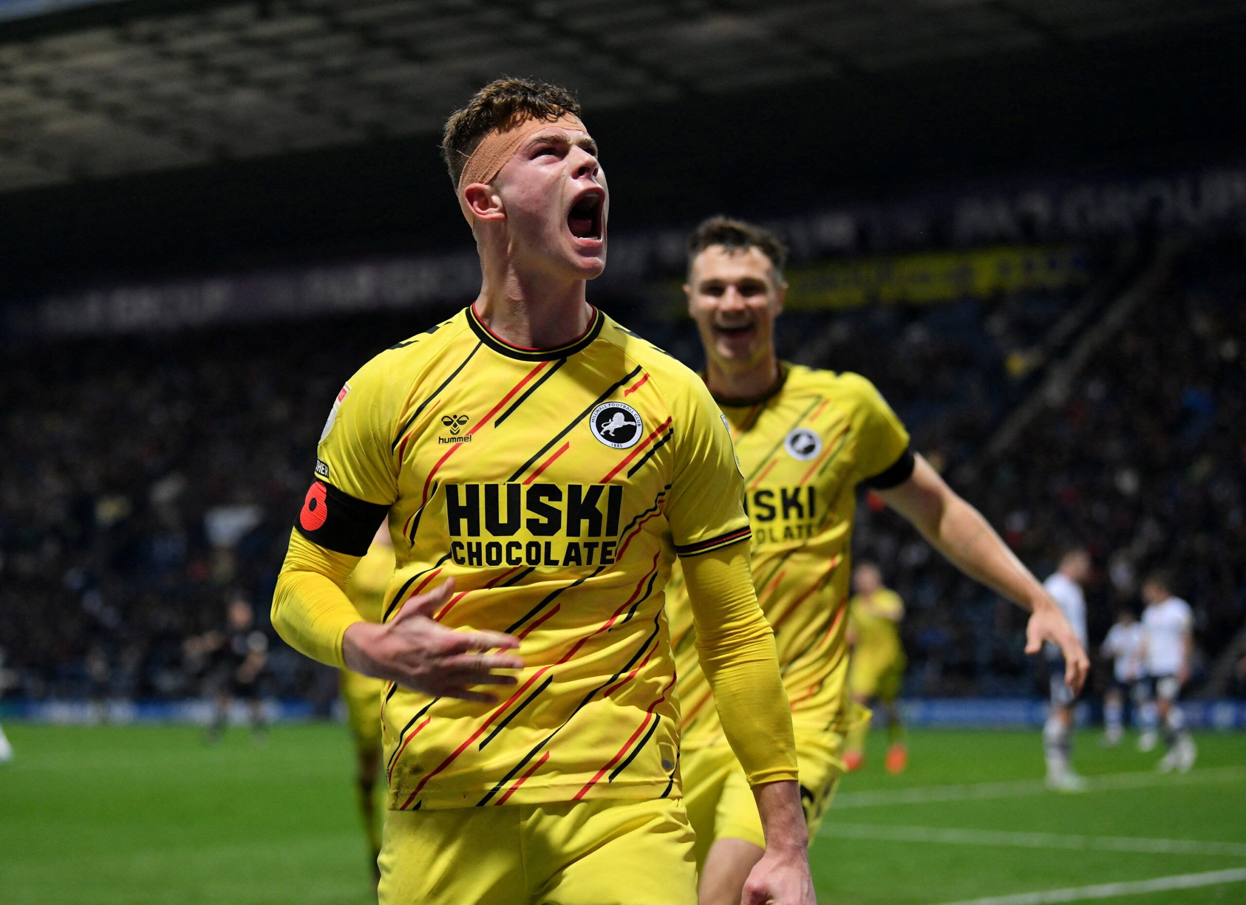 Soccer Football - Championship - Preston North End v Millwall - Deepdale, Preston, Britain - Nevember 12, 2022 Millwall's Charlie Cresswell celebrates scoring their fourth goal Action Images/Paul Burrows  EDITORIAL USE ONLY. No use with unauthorized audio, video, data, fixture lists, club/league logos or 