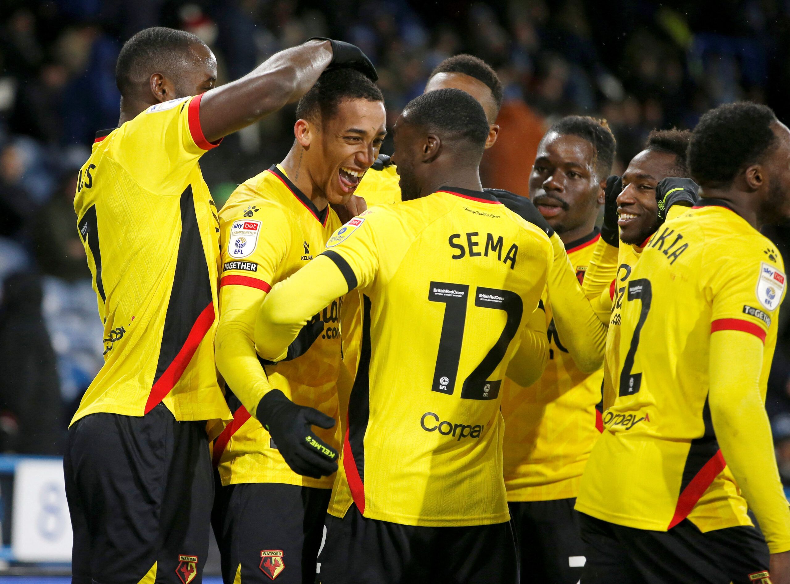Soccer Football - Championship - Huddersfield Town v Watford - John Smith's Stadium, Huddersfield, Britain - December 17, 2022 Watford's Joao Pedro celebrates scoring their second goal with teammates Action Images/Ed Sykes  EDITORIAL USE ONLY. No use with unauthorized audio, video, data, fixture lists, club/league logos or 
