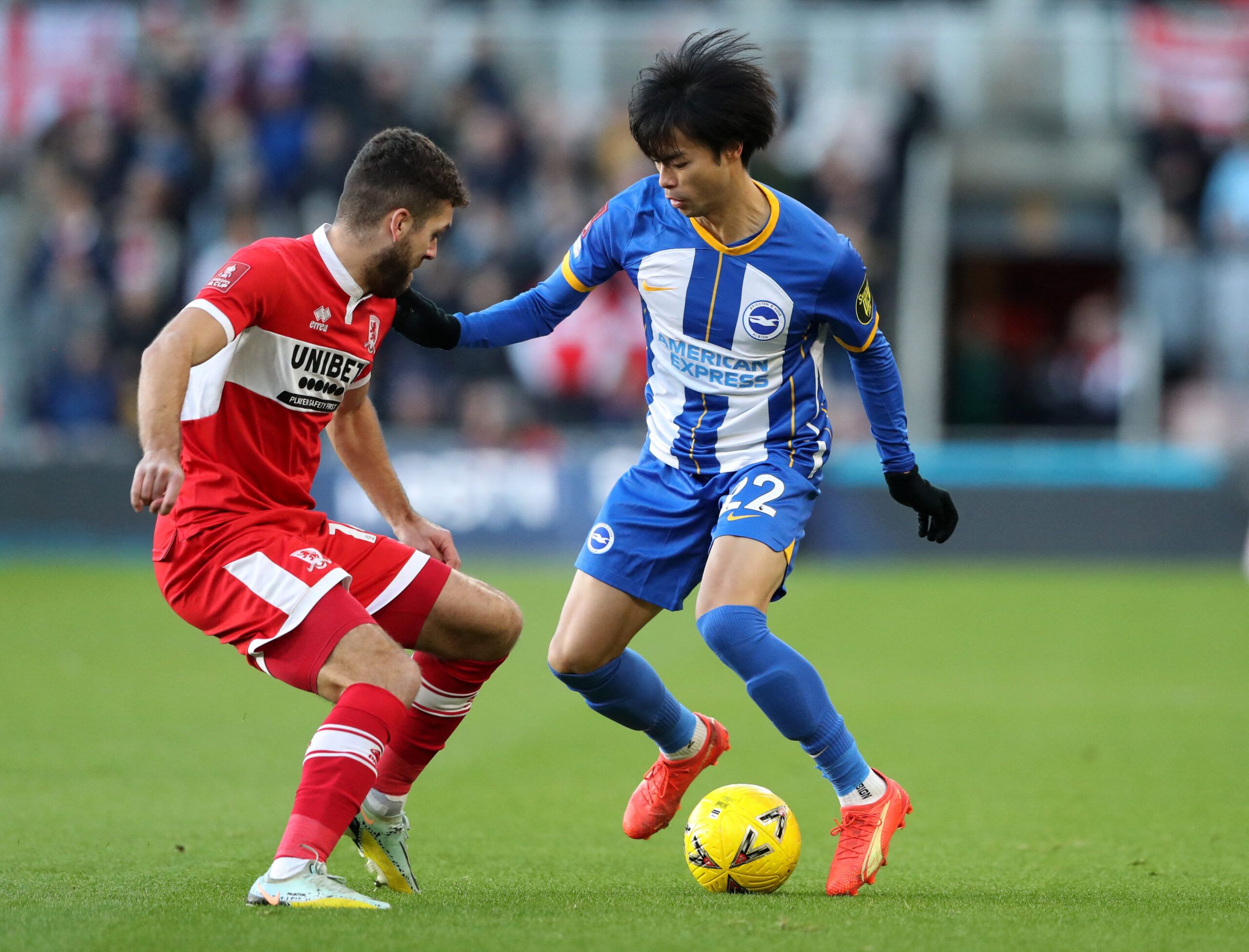 Soccer Football - FA Cup Third Round - Middlesbrough v Brighton &amp; Hove Albion - Riverside Stadium, Middlesbrough, Britain - January 7, 2023 Brighton &amp; Hove Albion's Kaoru Mitoma in action with Middlesbrough's Tommy Smith REUTERS/Scott Heppell