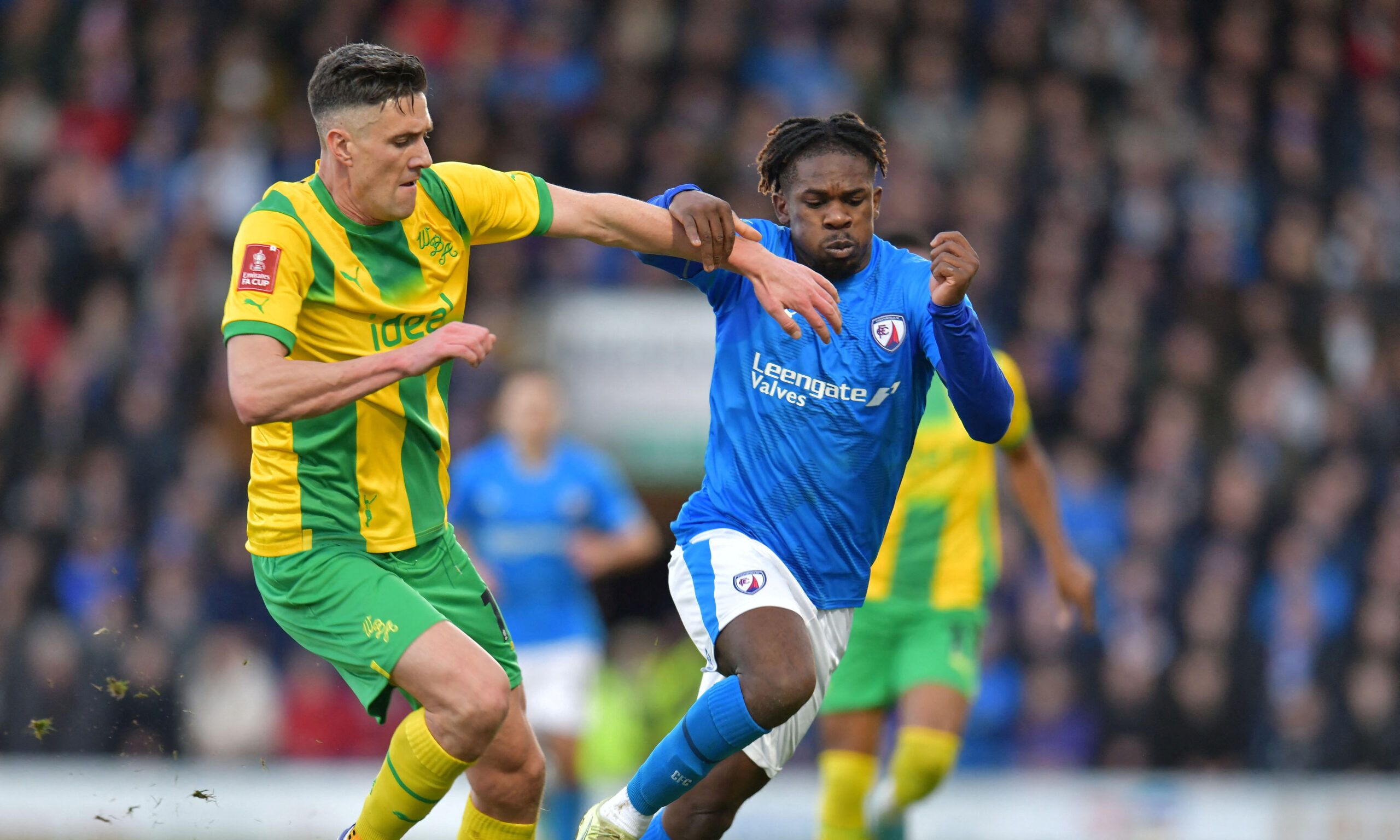 Soccer Football - FA Cup Third Round - Chesterfield v West Bromwich Albion - Proact Stadium, Chesterfield, Britain - January 7, 2023 Chesterfield's Tim Akinola in action with West Bromwich Albion's Martin Kelly  Action Images/Paul Burrows