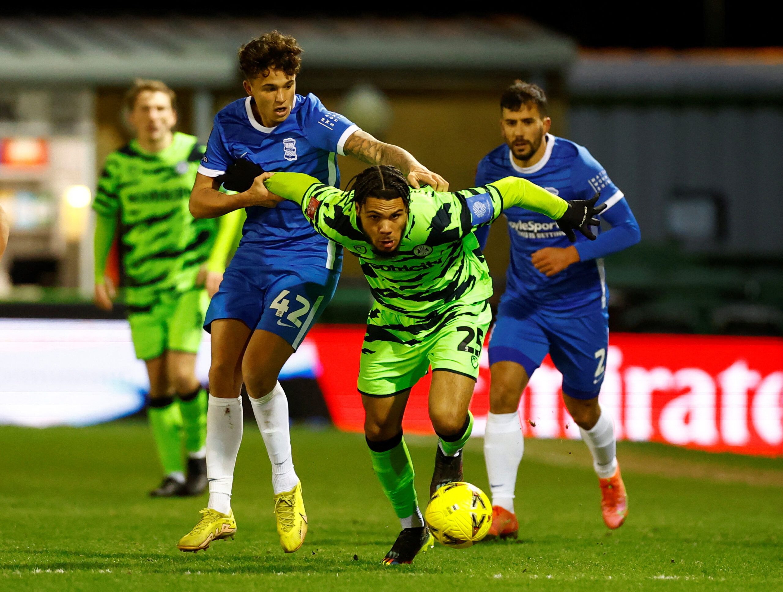 Soccer Football - FA Cup Third Round Replay - Forest Green Rovers v Birmingham City - The New Lawn Stadium, Nailsworth, Britain - January 17, 2023 Birmingham City's Alfie Chang in action with Forest Green Rovers' Myles Peart-Harris Action Images/Peter Cziborra