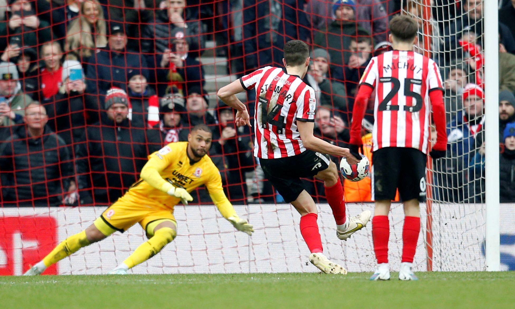 Soccer Football - Championship - Sunderland v Middlesbrough - Stadium of Light, Sunderland, Britain - January 22, 2023 Sunderland's Ross Stewart has his penalty saved by Middlesbrough's Zack Steffen before scoring from the rebound Action Images/Ed Sykes  EDITORIAL USE ONLY. No use with unauthorized audio, video, data, fixture lists, club/league logos or 