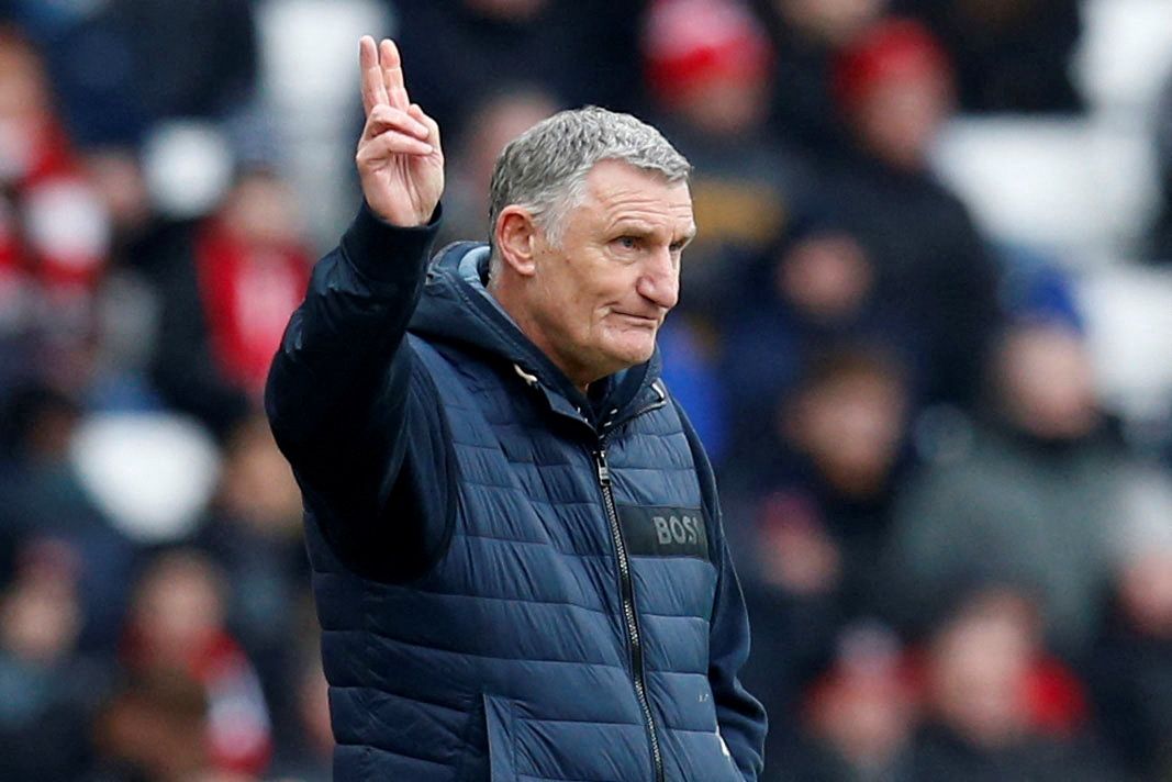 Soccer Football - Championship - Sunderland v Middlesbrough - Stadium of Light, Sunderland, Britain - January 22, 2023 Sunderland manager Tony Mowbray reacts Action Images/Ed Sykes  EDITORIAL USE ONLY. No use with unauthorized audio, video, data, fixture lists, club/league logos or 