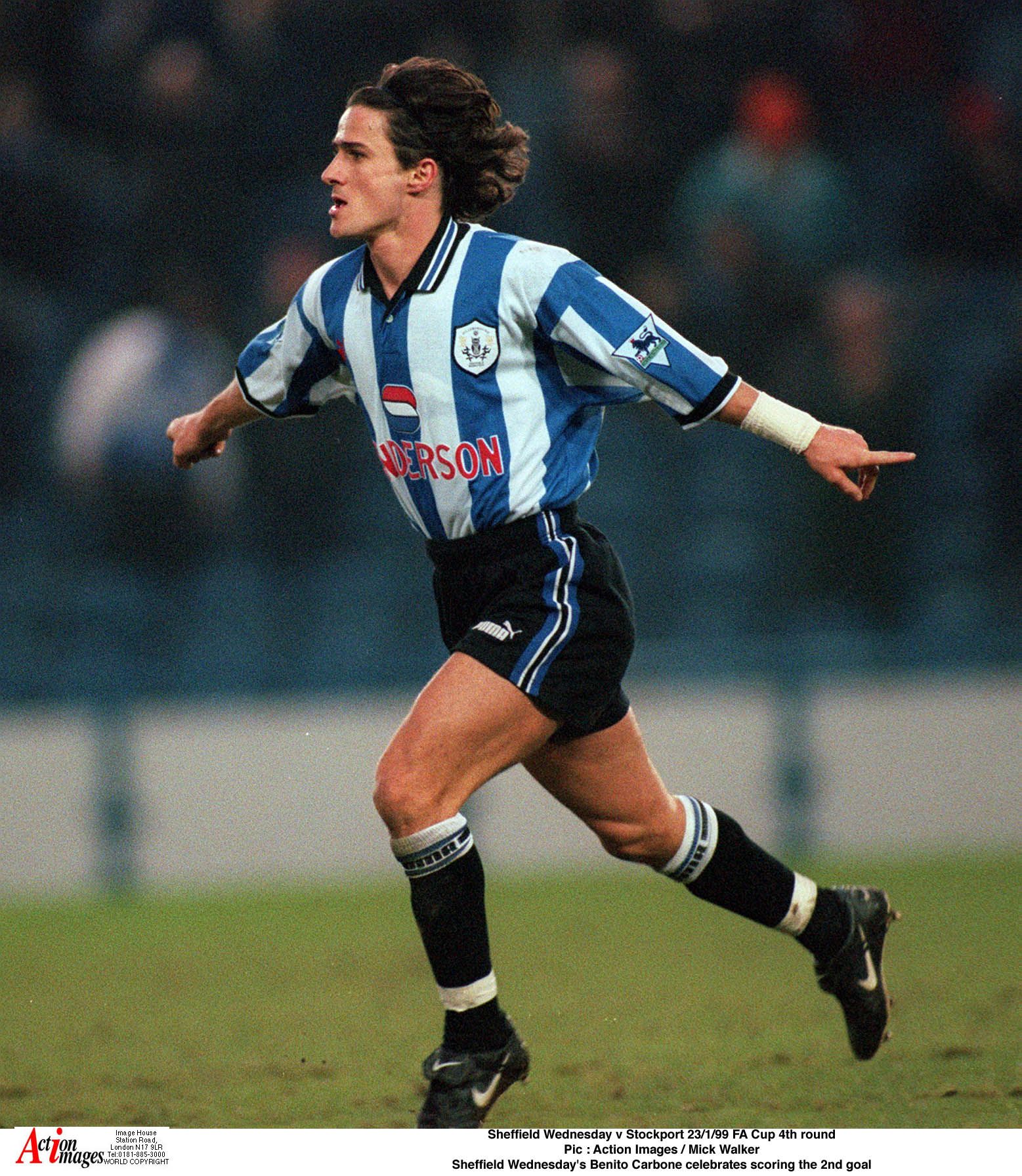 Sheffield Wednesday v Stockport 23/1/99 FA Cup 4th round 
Pic : Action Images / Mick Walker 
Sheffield Wednesday's Benito Carbone celebrates scoring the 2nd goal