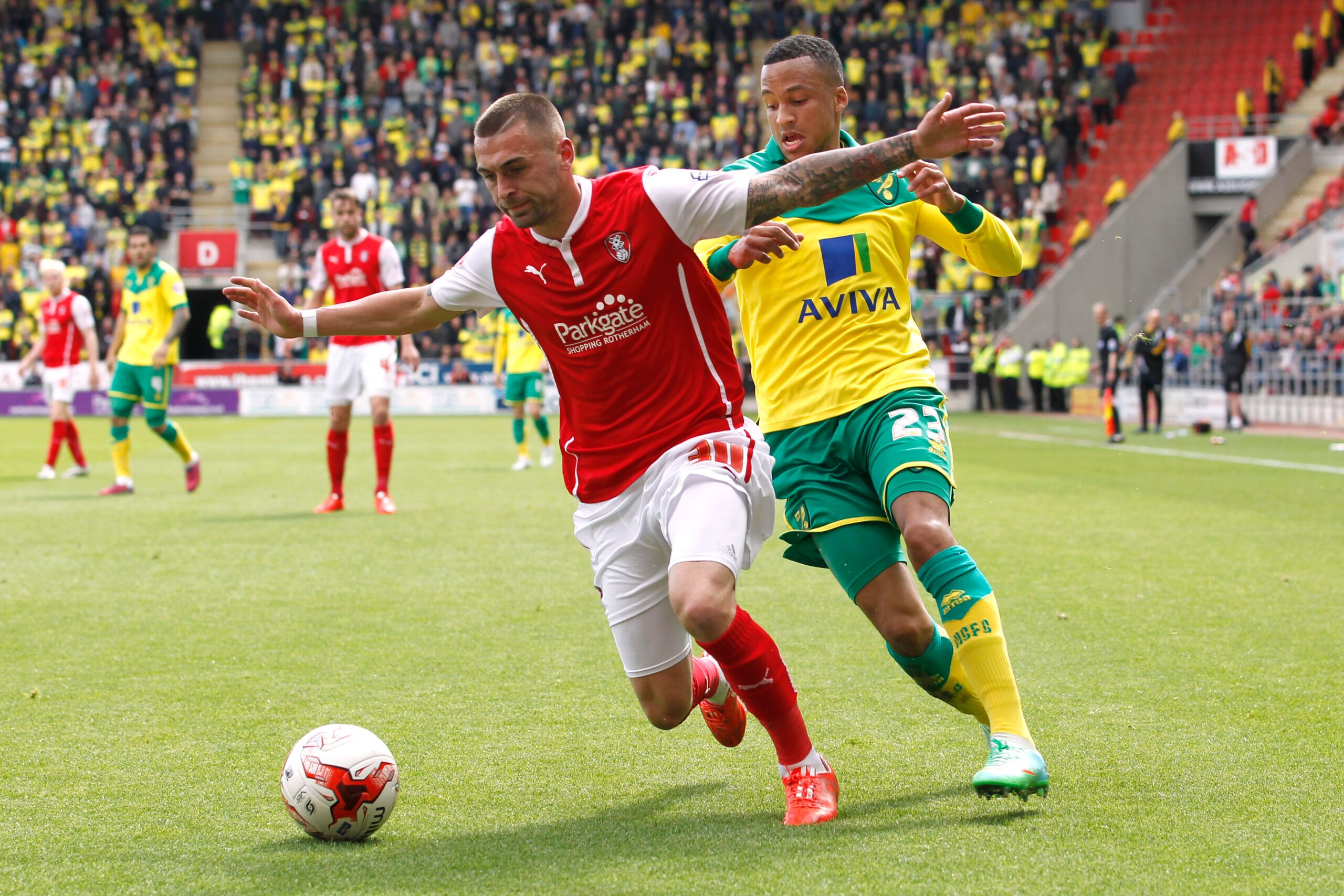Football - Rotherham United v Norwich City - Sky Bet Football League Championship - AESSEAL New York Stadium - 14/15 - 25/4/15 
Rotherham United's Jack Hunt in action against Norwich City's Martin Olsson  
Mandatory Credit: Action Images / John Clifton 
EDITORIAL USE ONLY. No use with unauthorized audio, video, data, fixture lists, club/league logos or 