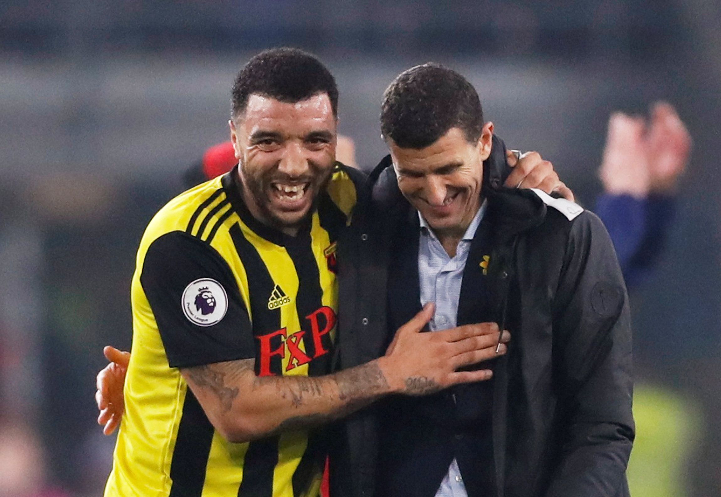 Soccer Football - Premier League - Cardiff City v Watford - Cardiff City Stadium, Cardiff, Britain - February 22, 2019  Watford's Troy Deeney celebrates after the match with Watford manager Javi Gracia   Action Images via Reuters/Matthew Childs  EDITORIAL USE ONLY. No use with unauthorized audio, video, data, fixture lists, club/league logos or 
