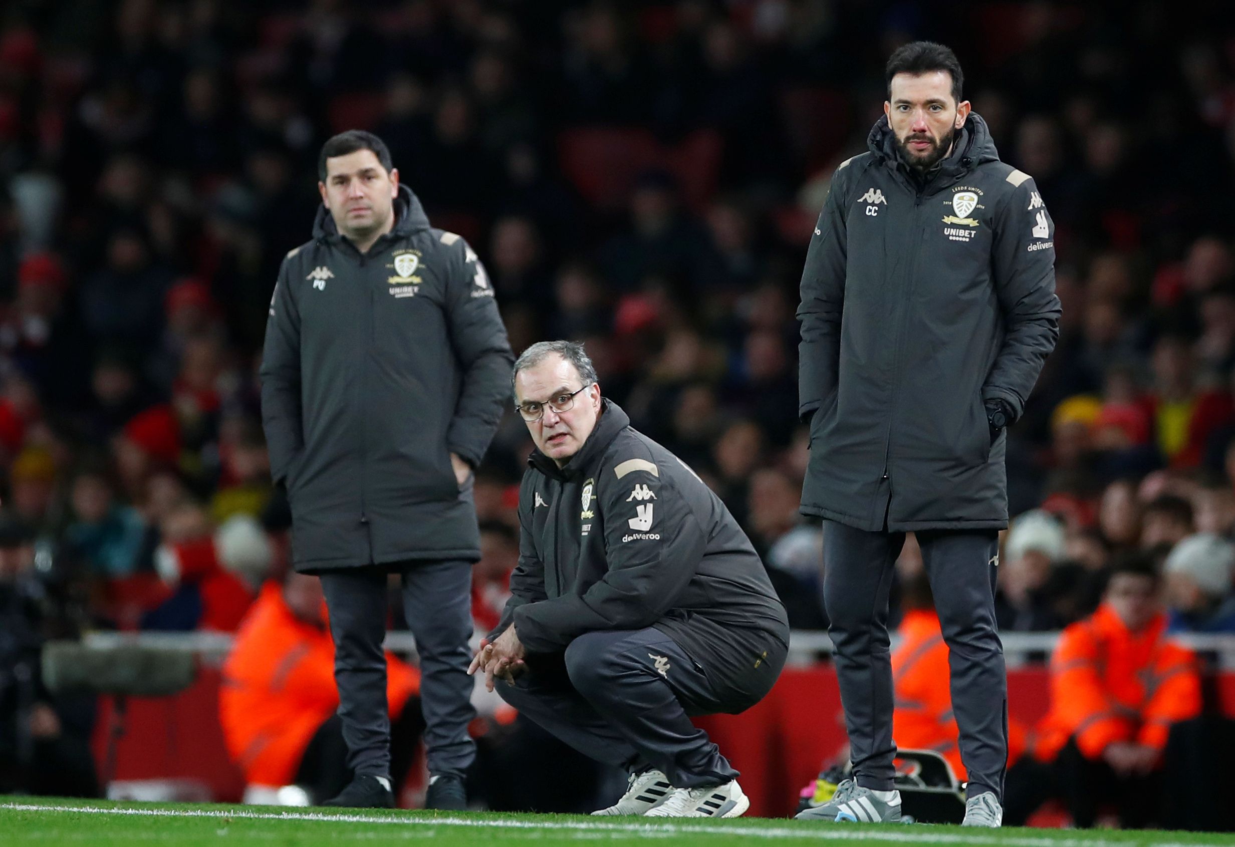 Soccer Football - FA Cup - Third Round - Arsenal v Leeds United - Emirates Stadium, London, Britain - January 6, 2020   Leeds United manager Marcelo Bielsa with first team coach Carlos Corberan and assistant coach Pablo Quiroga   REUTERS/Eddie Keogh