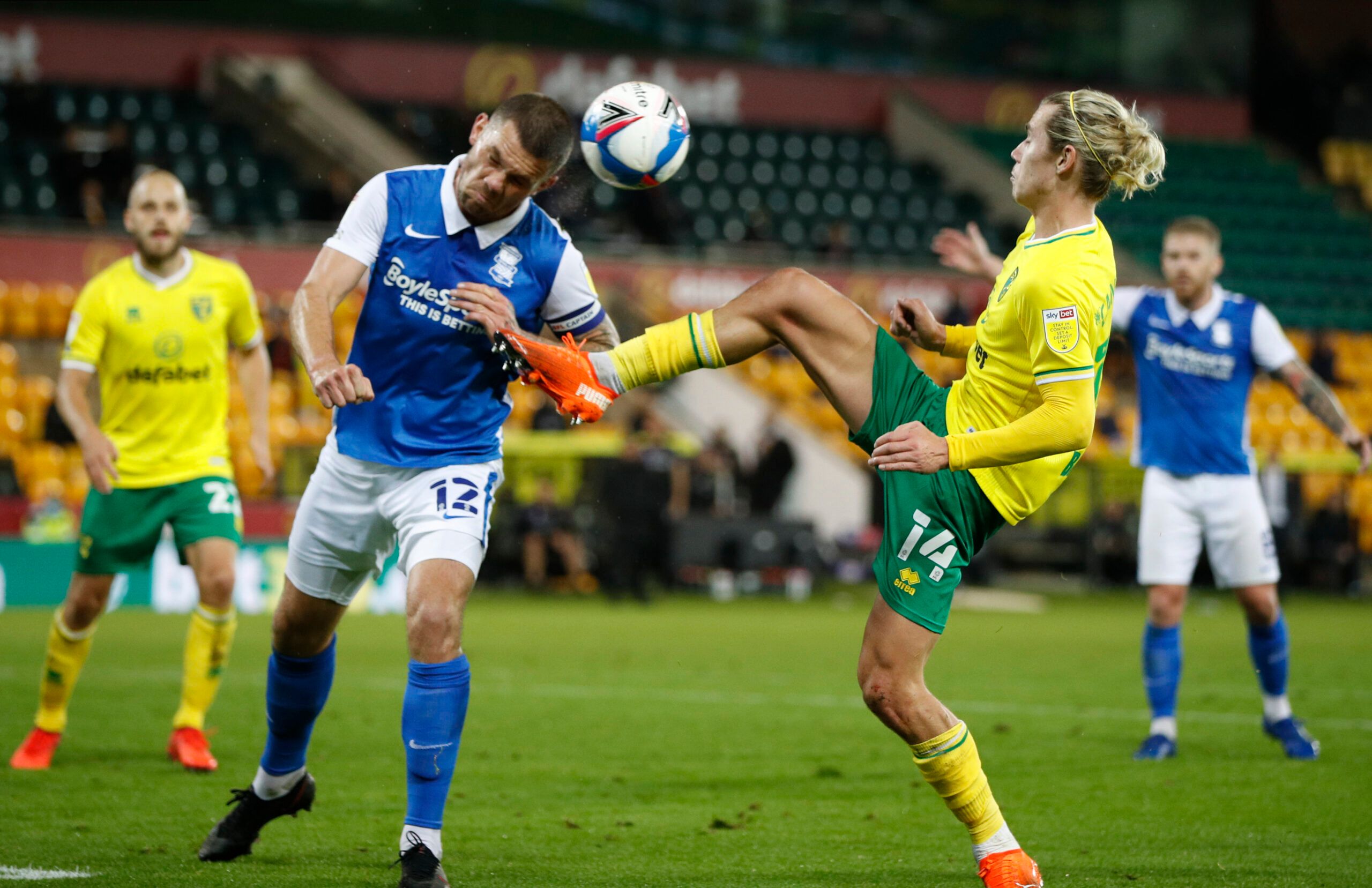 Soccer Football - Championship - Norwich City v Birmingham City - Carrow Road, Norwich, Britain - October 20, 2020 Norwich City's Todd Cantwell in action with Birmingham City's Harlee Dean Action Images/John Sibley EDITORIAL USE ONLY. No use with unauthorized audio, video, data, fixture lists, club/league logos or 'live' services. Online in-match use limited to 75 images, no video emulation. No use in betting, games or single club /league/player publications.  Please contact your account represe