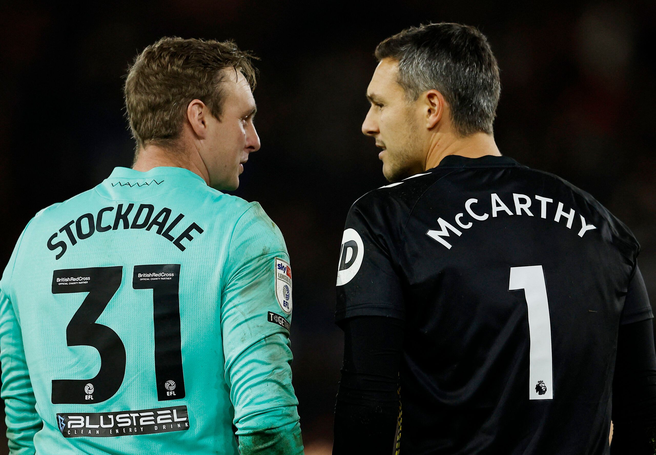 Soccer Football - Carabao Cup Third Round - Southampton v Sheffield Wednesday - St Mary's Stadium, Southampton, Britain - November 9, 2022  Southampton's Alex McCarthy and Sheffield Wednesday's David Stockdale react after the match REUTERS/Peter Nicholls EDITORIAL USE ONLY. No use with unauthorized audio, video, data, fixture lists, club/league logos or 'live' services. Online in-match use limited to 75 images, no video emulation. No use in betting, games or single club /league/player publicatio