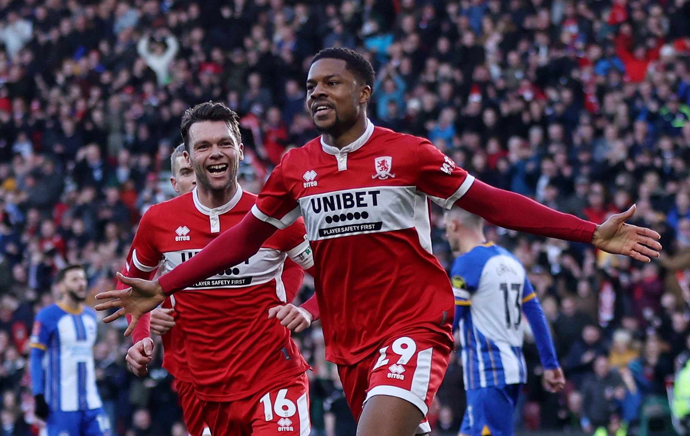 Soccer Football - FA Cup Third Round - Middlesbrough v Brighton &amp; Hove Albion - Riverside Stadium, Middlesbrough, Britain - January 7, 2023 Middlesbrough's Chuba Akpom celebrates scoring their first goal with Jonny Howson Action Images via Reuters/Lee Smith