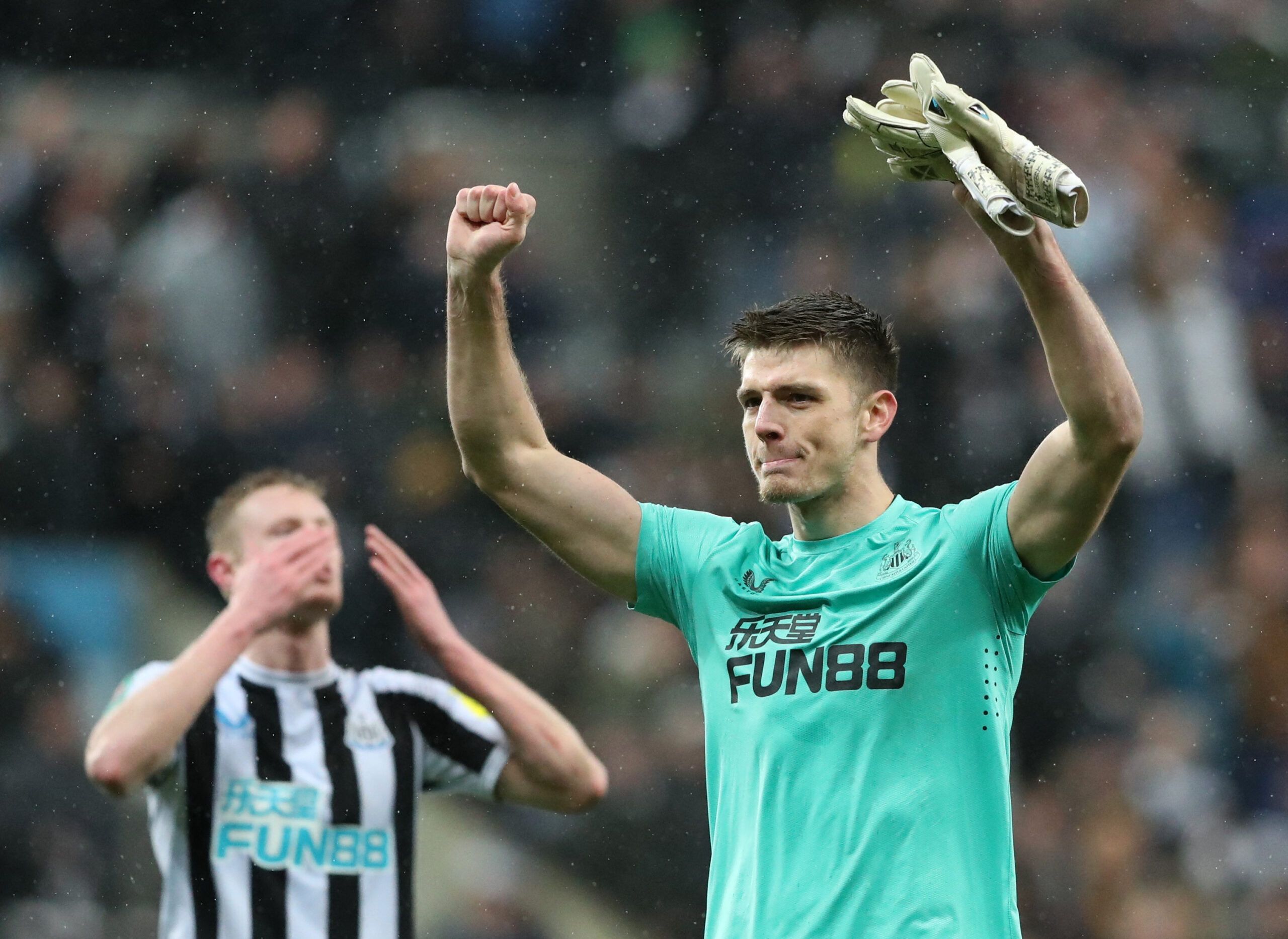 Soccer Football - Carabao Cup - Semi Final - Second Leg - Newcastle United v Southampton - St James' Park, Newcastle, Britain - January 31, 2023 Newcastle United's Nick Pope celebrates after the match REUTERS/Scott Heppell EDITORIAL USE ONLY. No use with unauthorized audio, video, data, fixture lists, club/league logos or 'live' services. Online in-match use limited to 75 images, no video emulation. No use in betting, games or single club /league/player publications.  Please contact your account
