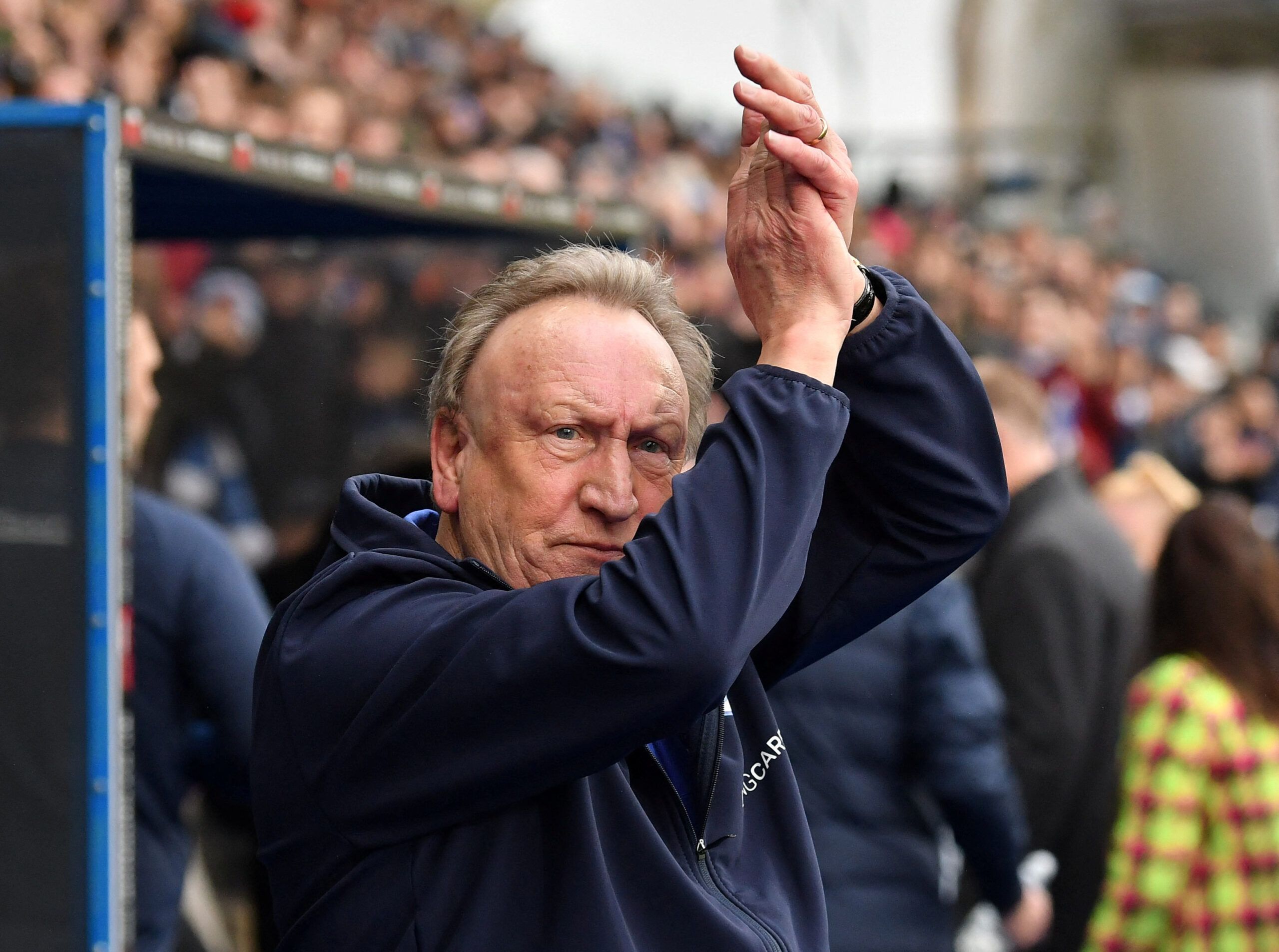 Soccer Football - Championship - Huddersfield Town v Birmingham City - John Smith's Stadium, Huddersfield, Britain - February 18, 2023 Huddersfield Town manager Neil Warnock applauds fans before the match Action Images/Paul Burrows  EDITORIAL USE ONLY. No use with unauthorized audio, video, data, fixture lists, club/league logos or 