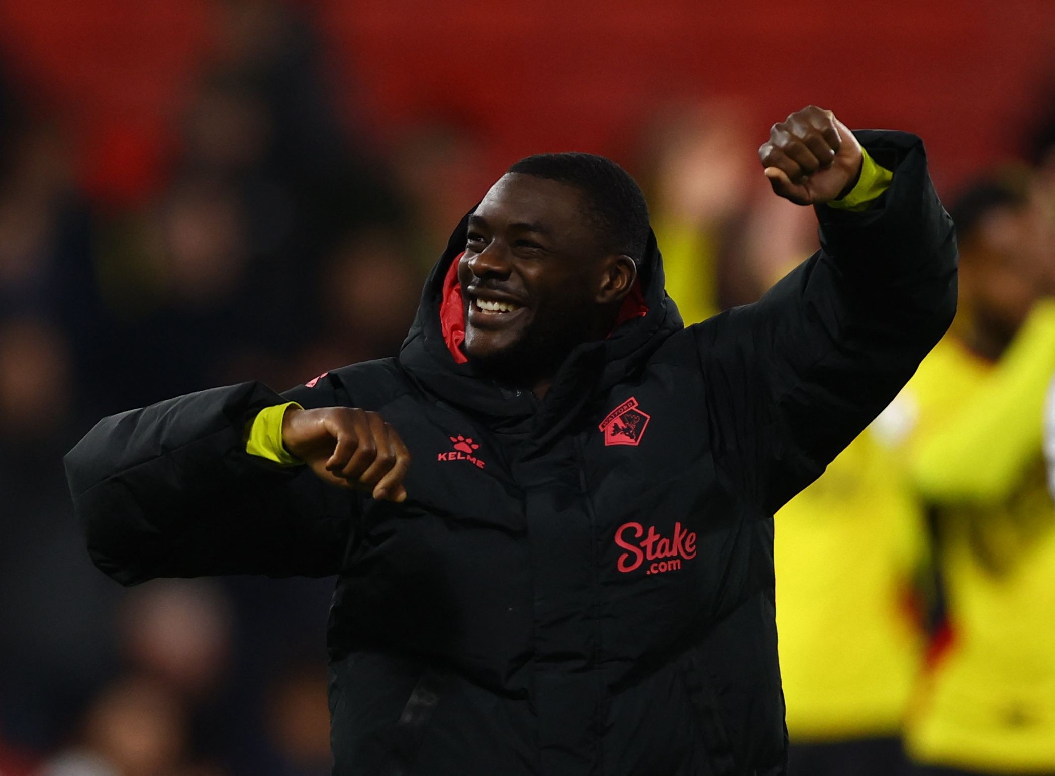 Soccer Football - Championship - Watford v West Bromwich Albion - Vicarage Road, Watford, Britain - February 20, 2023 Watford's Ken Sema celebrates after the match Action Images/Matthew Childs EDITORIAL USE ONLY. No use with unauthorized audio, video, data, fixture lists, club/league logos or 'live' services. Online in-match use limited to 75 images, no video emulation. No use in betting, games or single club /league/player publications.  Please contact your account representative for further de
