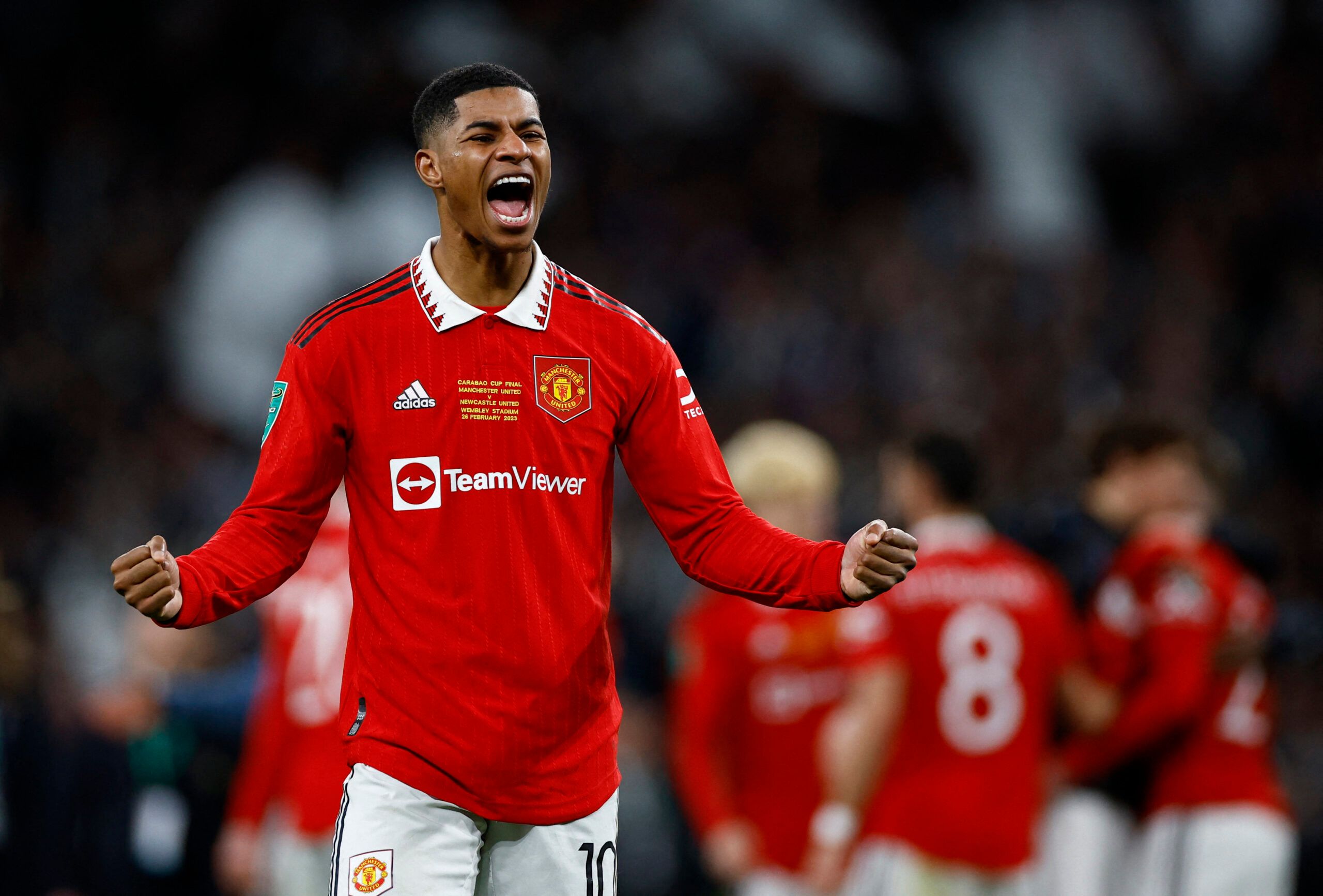 Soccer Football - Carabao Cup - Final - Manchester United v Newcastle United - Wembley Stadium, London, Britain - February 26, 2023  Manchester United's Marcus Rashford celebrates after winning the Carabao Cup final Action Images via Reuters/John Sibley EDITORIAL USE ONLY. No use with unauthorized audio, video, data, fixture lists, club/league logos or 'live' services. Online in-match use limited to 75 images, no video emulation. No use in betting, games or single club /league/player publication