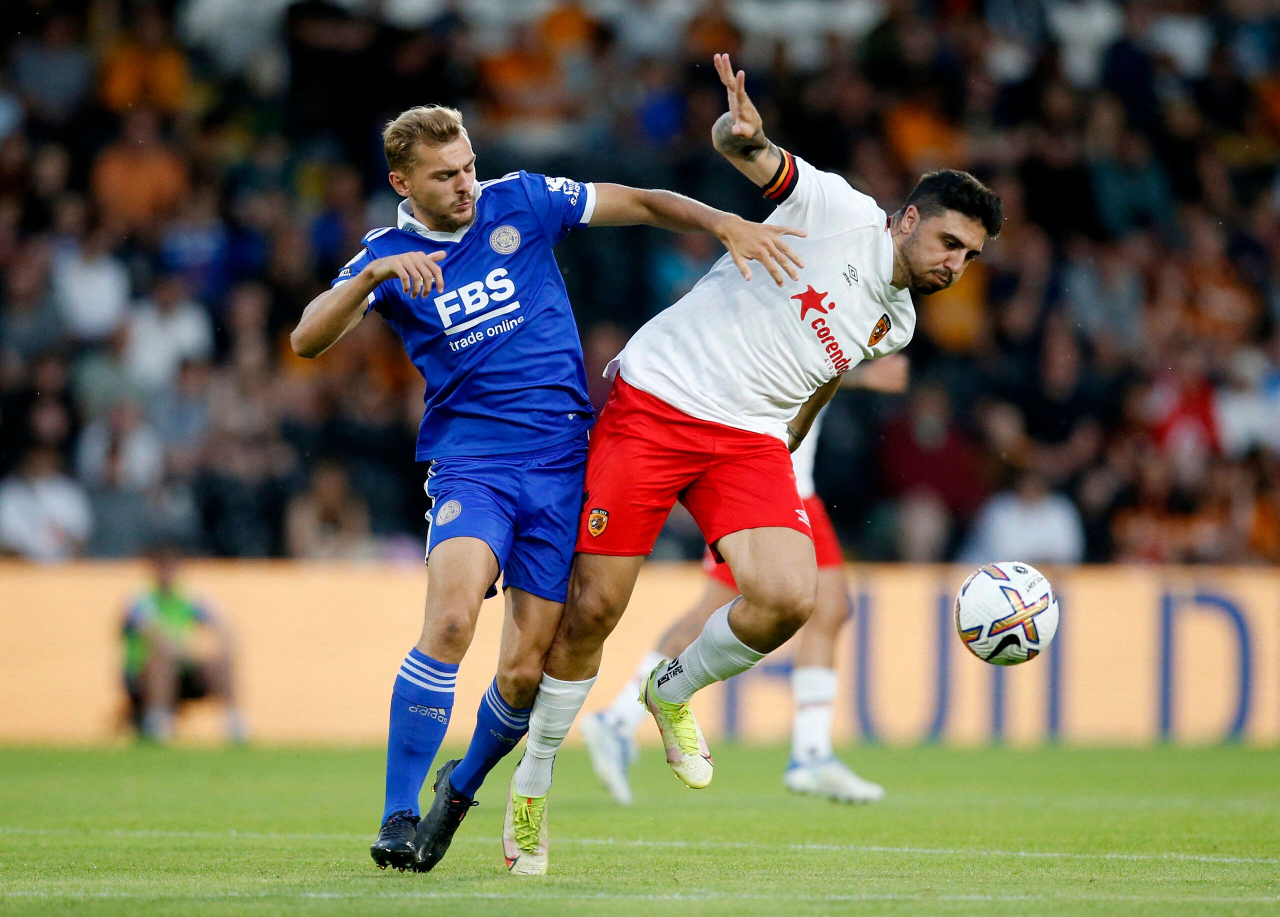 Soccer Football - Pre Season Friendly - Hull City v Leicester City - MKM Stadium, Hull, Britain - July 20, 2022 Leicester City's Kiernan Dewsbury-Hall in action with Hull City's Ozan Tufan Action Images via Reuters/Ed Sykes