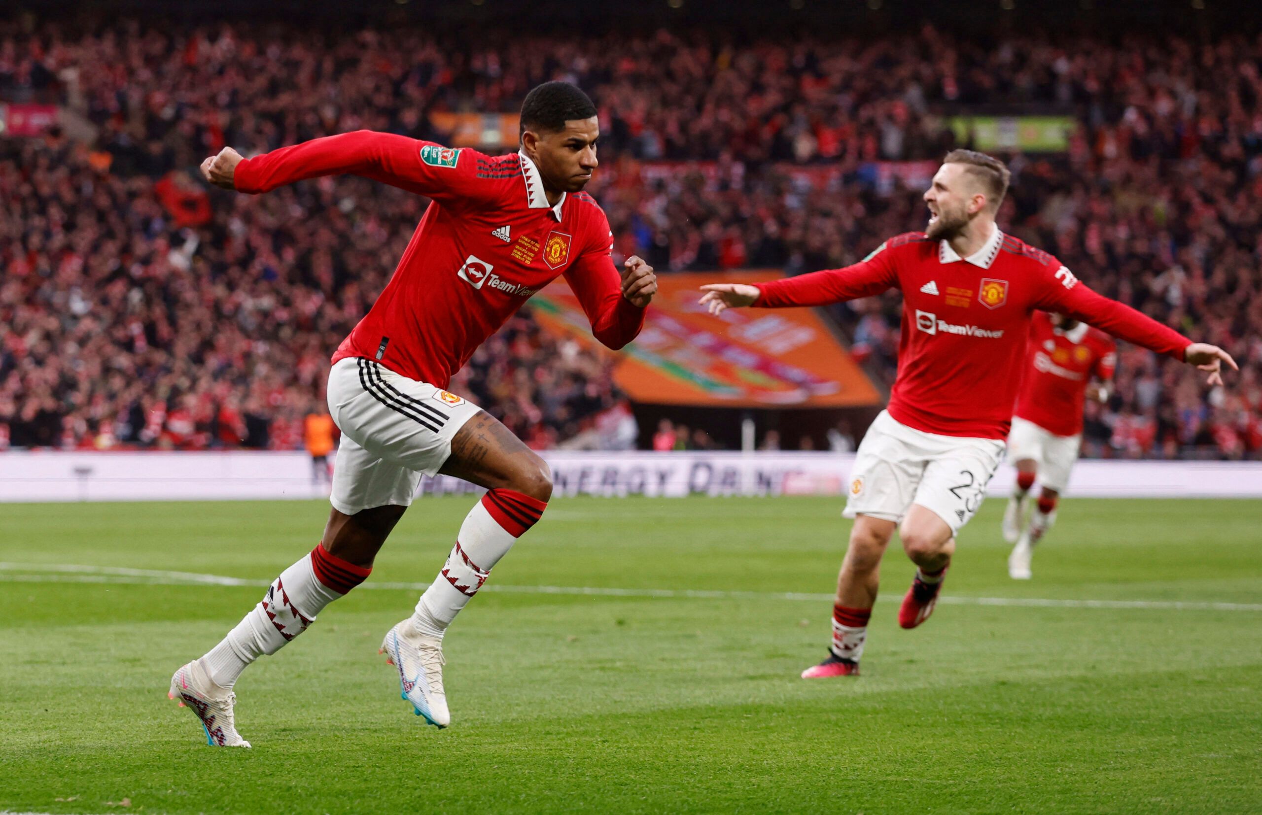 Soccer Football - Carabao Cup - Final - Manchester United v Newcastle United - Wembley Stadium, London, Britain - February 26, 2023  Manchester United's Marcus Rashford celebrates scoring their second goal Action Images via Reuters/Andrew Couldridge EDITORIAL USE ONLY. No use with unauthorized audio, video, data, fixture lists, club/league logos or 'live' services. Online in-match use limited to 75 images, no video emulation. No use in betting, games or single club /league/player publications.  