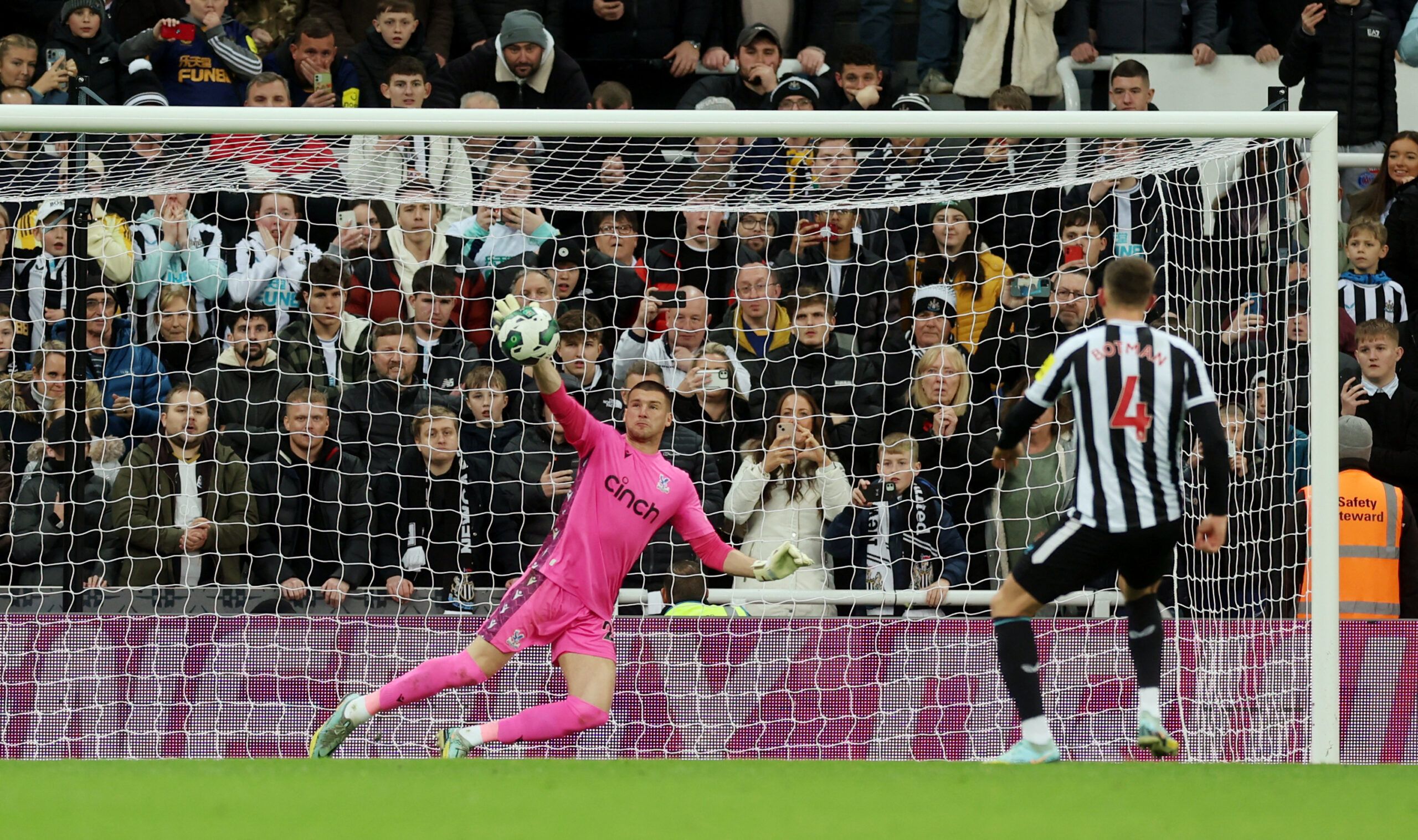 Soccer Football - Carabao Cup Third Round - Newcastle United v Crystal Palace - St James' Park, Newcastle, Britain - November 9, 2022  Newcastle United's Sven Botman has his penalty saved by Crystal Palace's Sam Johnstone during the penalty shootout Action Images via Reuters/Lee Smith EDITORIAL USE ONLY. No use with unauthorized audio, video, data, fixture lists, club/league logos or 'live' services. Online in-match use limited to 75 images, no video emulation. No use in betting, games or single