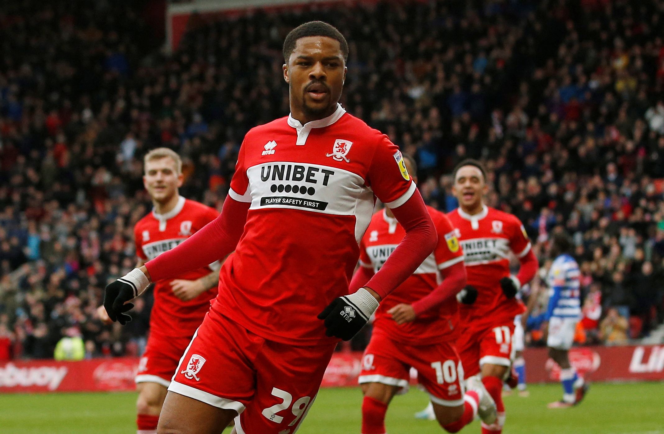 Soccer Football - Championship - Middlesbrough v Reading - Riverside Stadium, Middlesbrough, Britain - March 4, 2023  Middlesbrough's Chuba Akpom celebrates scoring their first goal   Action Images/Craig Brough  EDITORIAL USE ONLY. No use with unauthorized audio, video, data, fixture lists, club/league logos or 