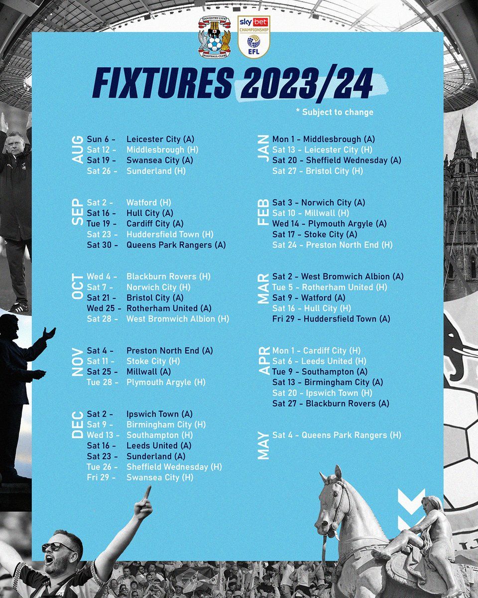 Coventry City's 2023/24 fixtures First game, boxing day, final matches