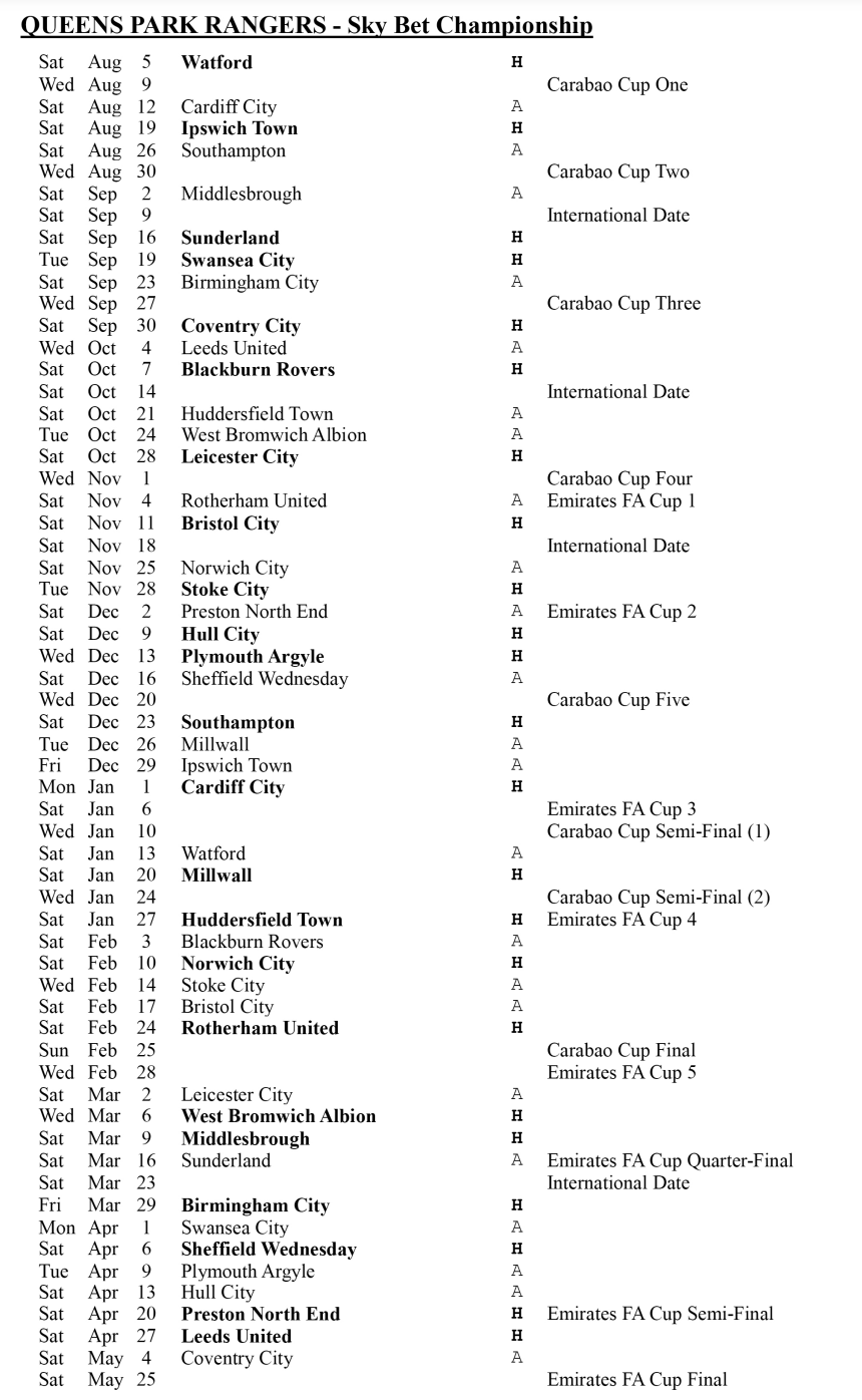 QPR's 2023/24 fixtures: First game, boxing day, final matches and more