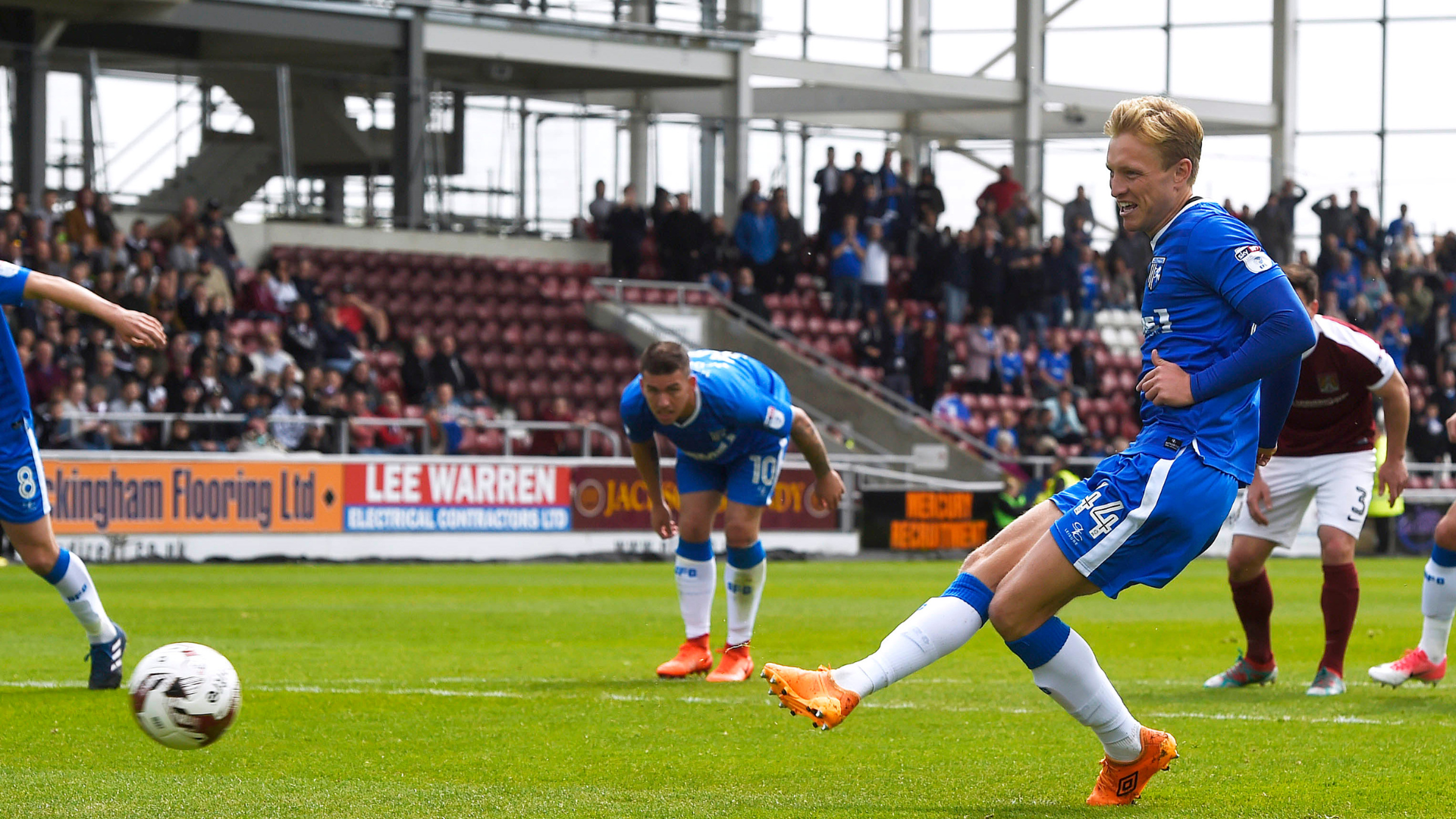 Josh Wright taking a penalty for Gillingham