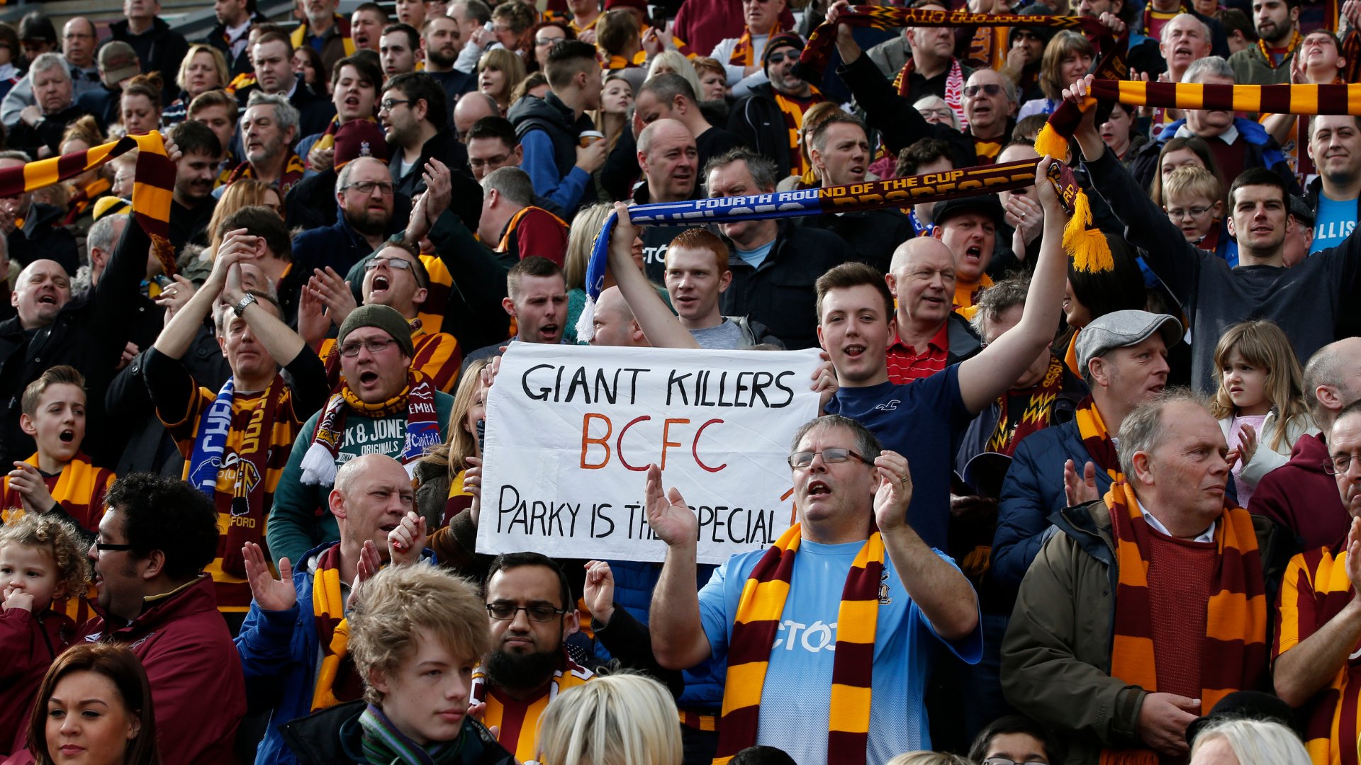 Bradford City fans at Valley Parade during an FA Cup fixture
