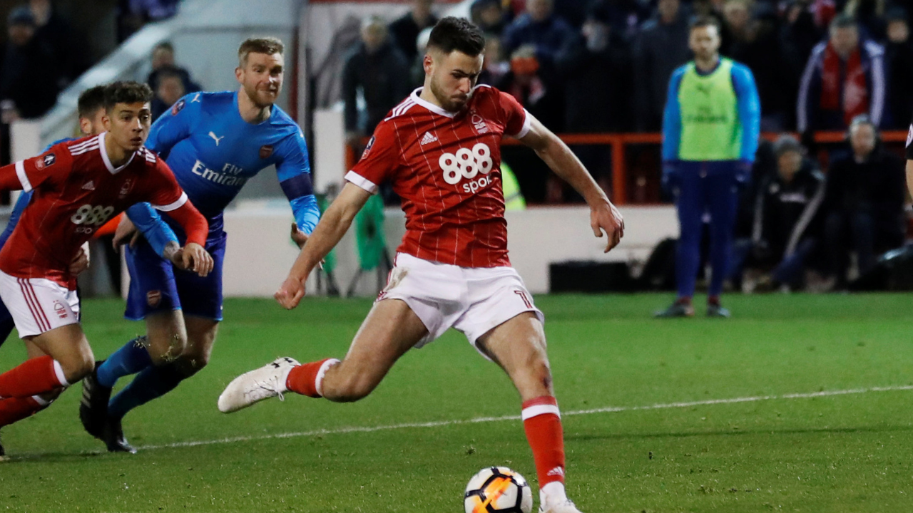 Ben Brereton Diaz scores a penalty against Arsenal in the FA Cup