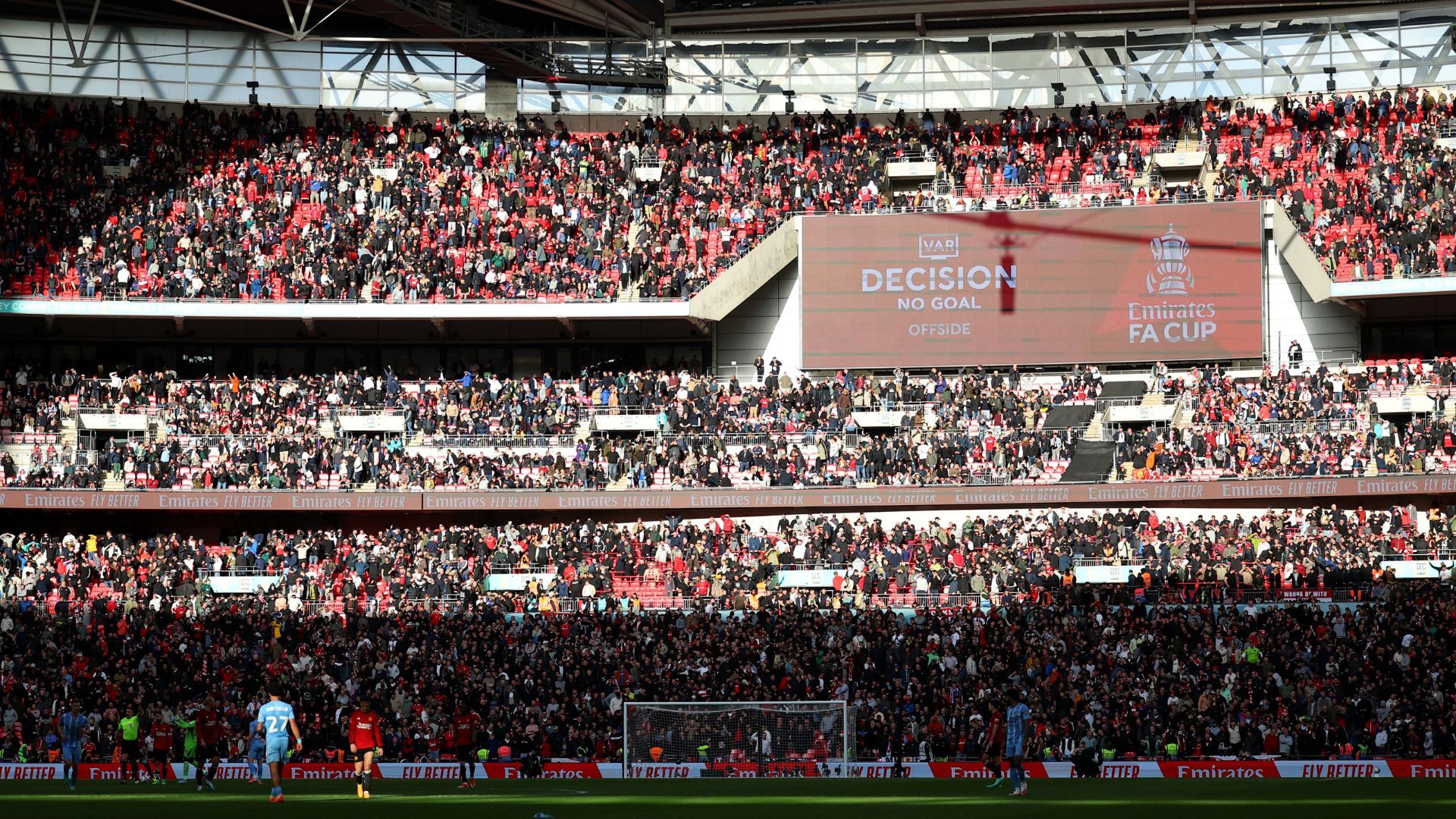 Confirmation at Wembley Stadium that Victor Torp's goal in Coventry City vs Manchester United is disallowed