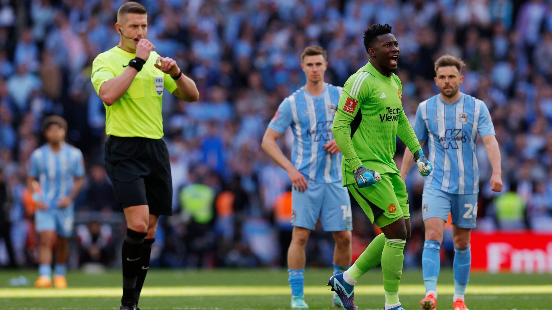 Coventry City's fourth goal is disallowed against Manchester United