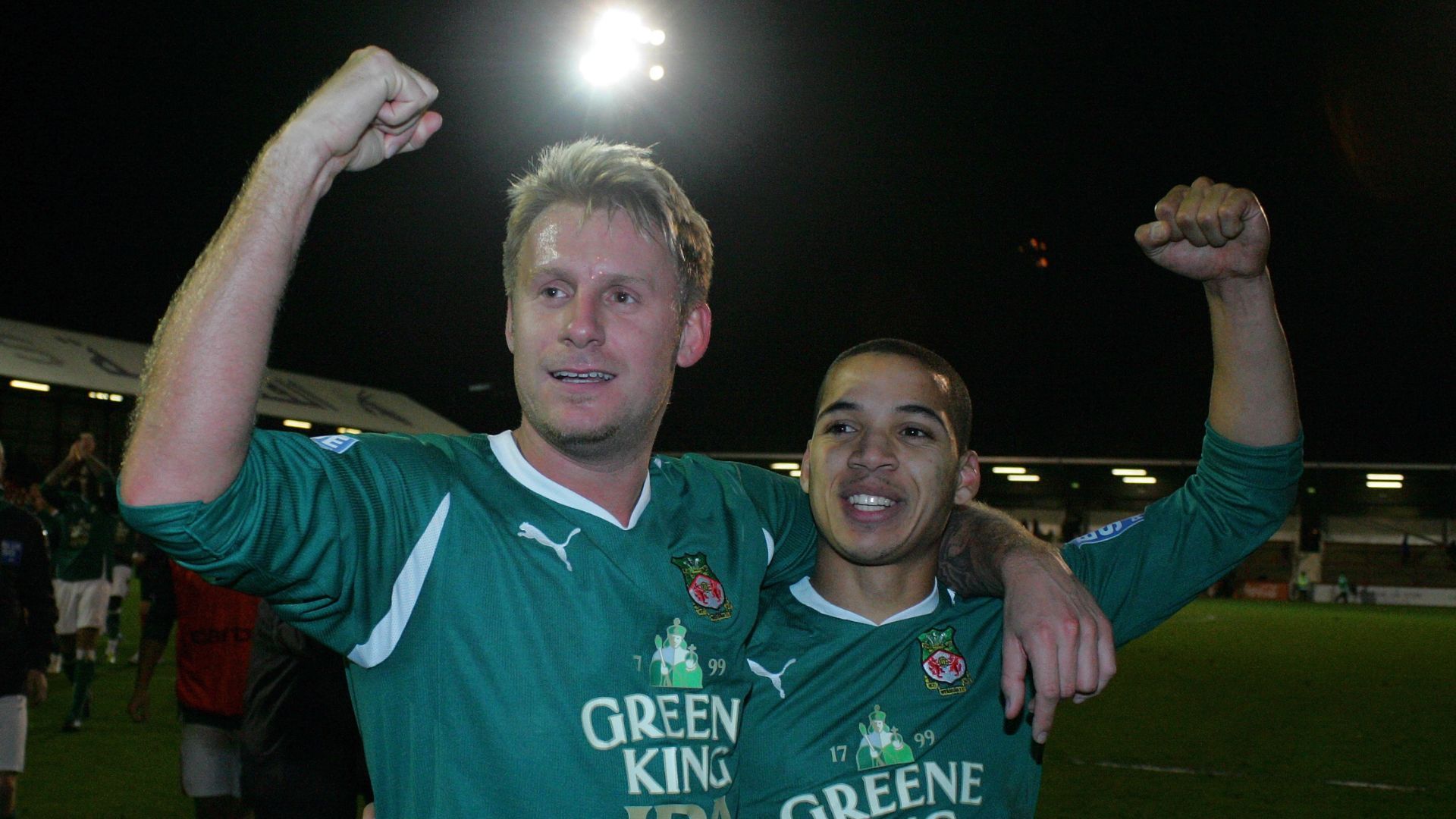 Wrexham's Jamie Tolley and Curtis Obeng pictured after the club's FA Cup second round win over Brentford