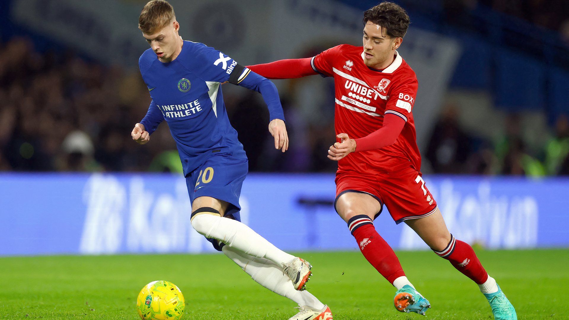 Soccer Football - Carabao Cup - Semi-Final - Second Leg - Chelsea v Middlesbrough - Stamford Bridge, London, Britain - January 23, 2024 Chelsea's Cole Palmer in action with Middlesbrough's Hayden Hackney Action Images via Reuters/Matthew Childs