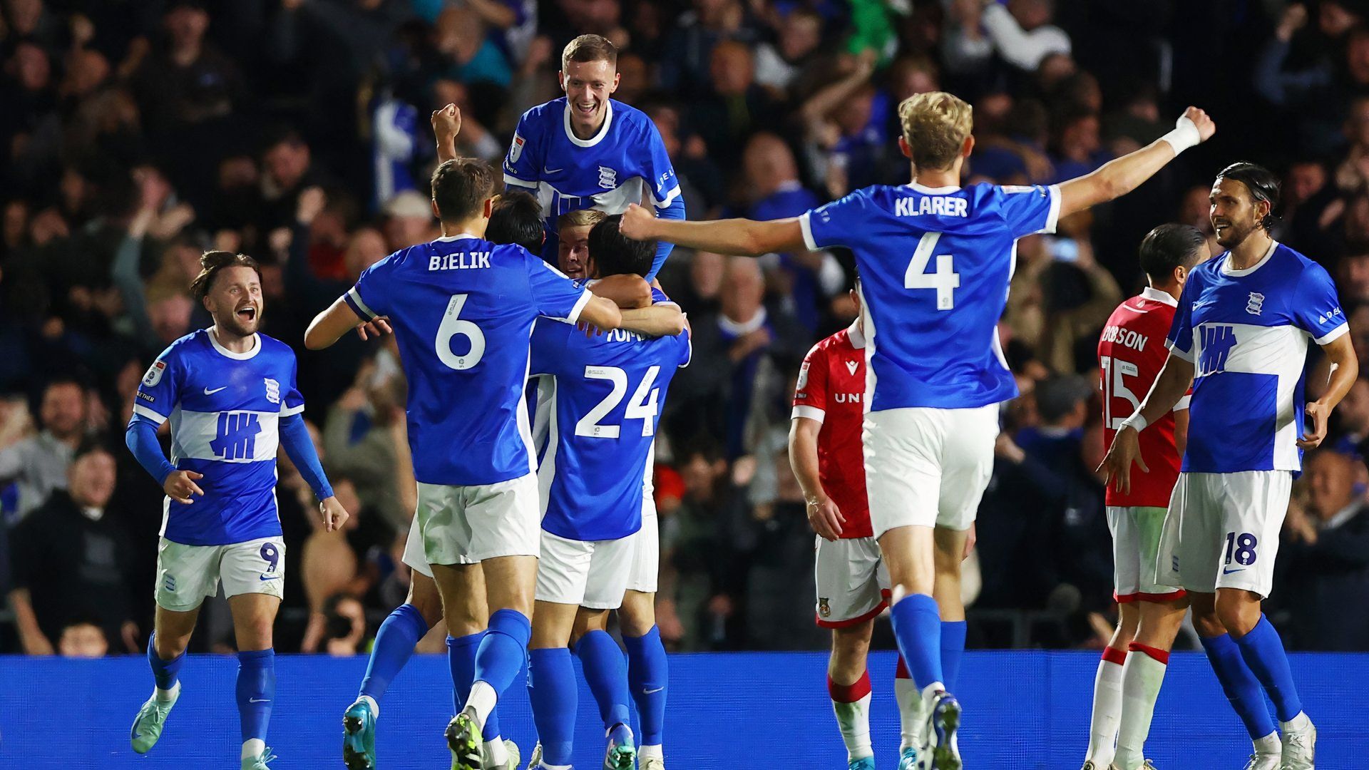 Birmingham City's players celebrate against Wrexham