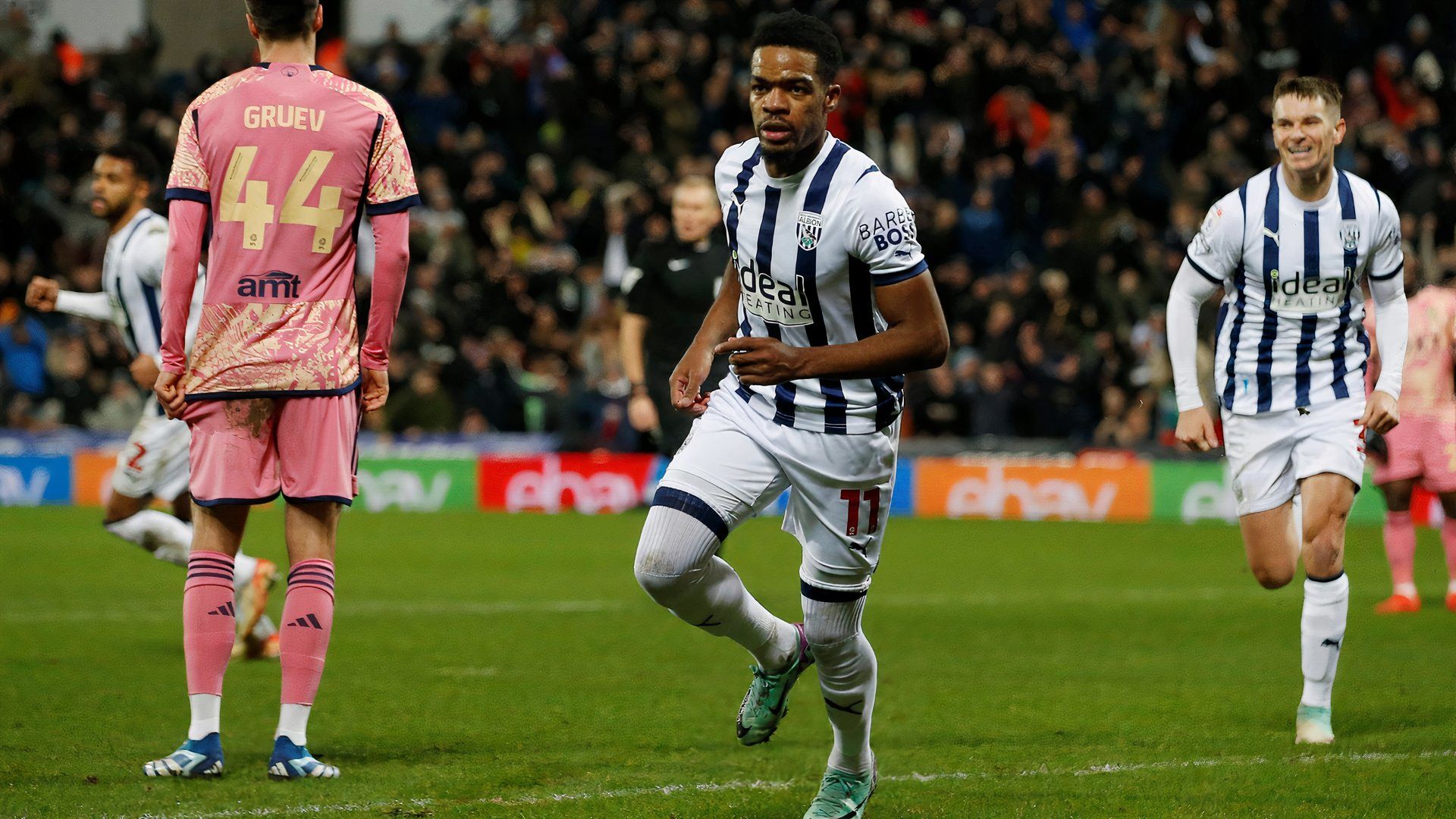 Grady Diangana scores for West Brom against Leeds United