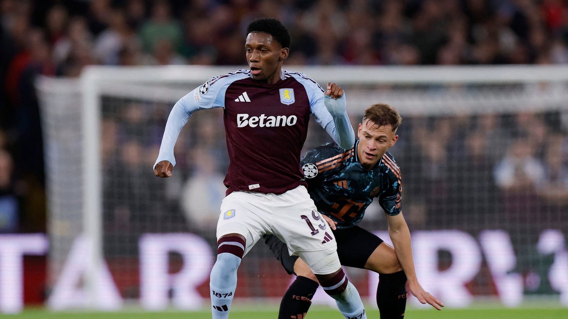 Jaden Philogene playing for Aston Villa vs Bayern Munich